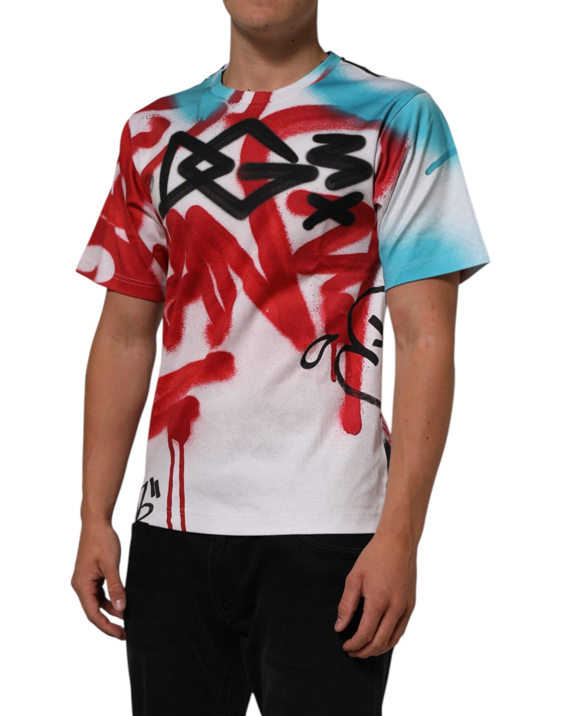 Man wearing tie dye t-shirt with graffiti design
