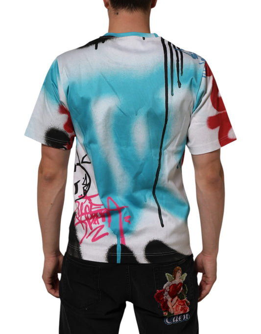 The back of a tie-dye t-shirt with graffiti art on it