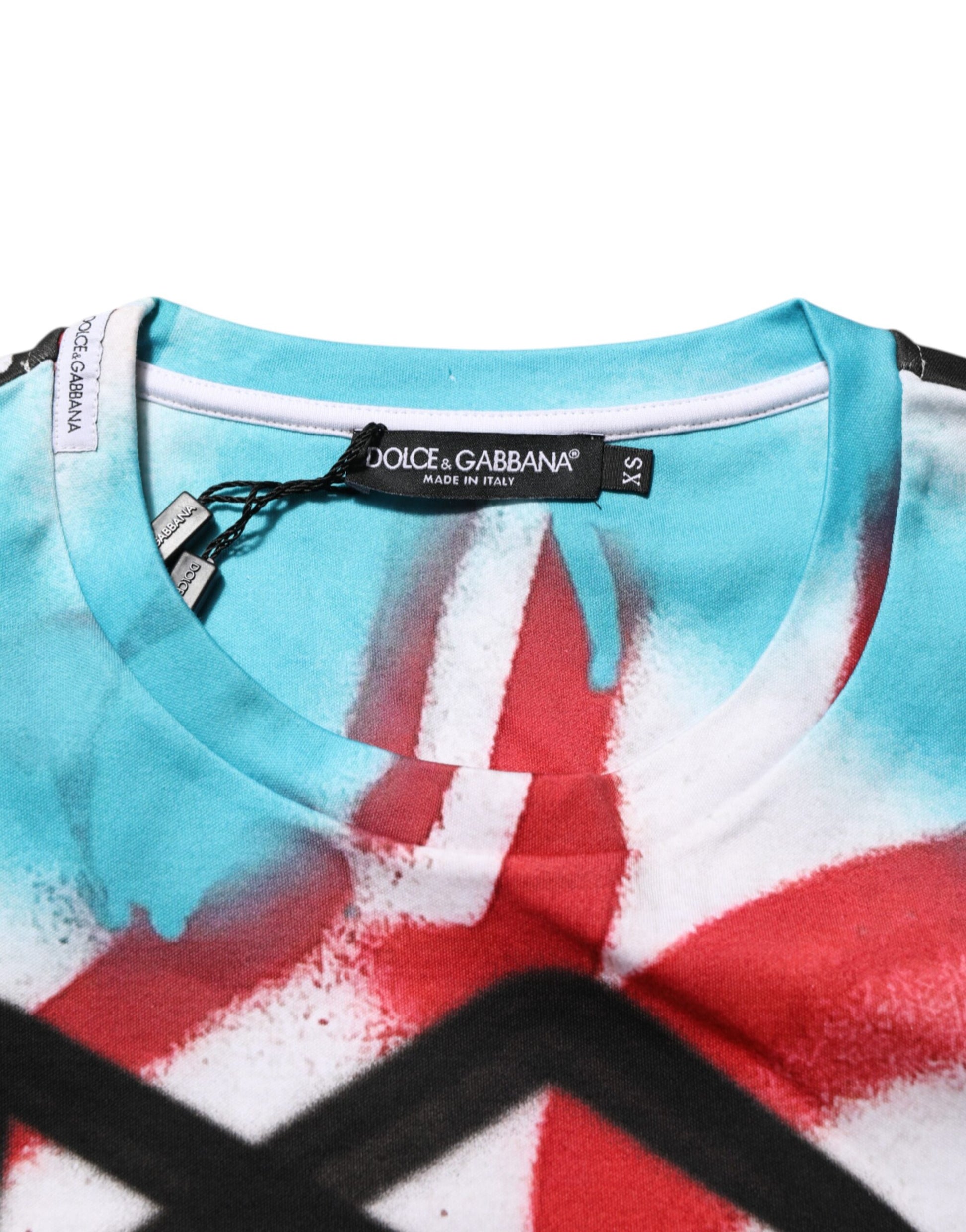 Teal tie dye t-shirt with red and white designs