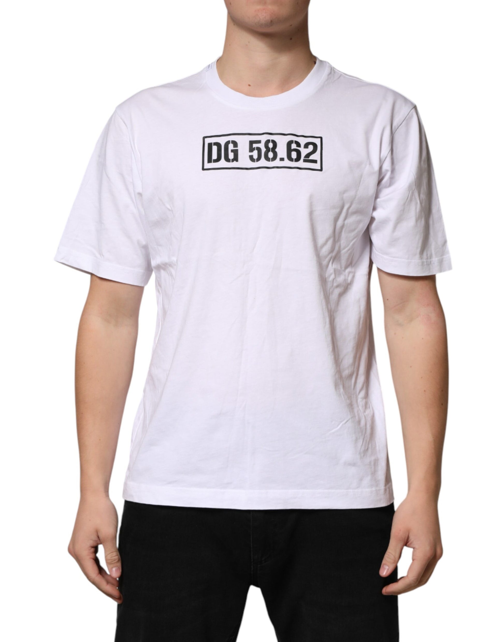 White t-shirt with black lettering