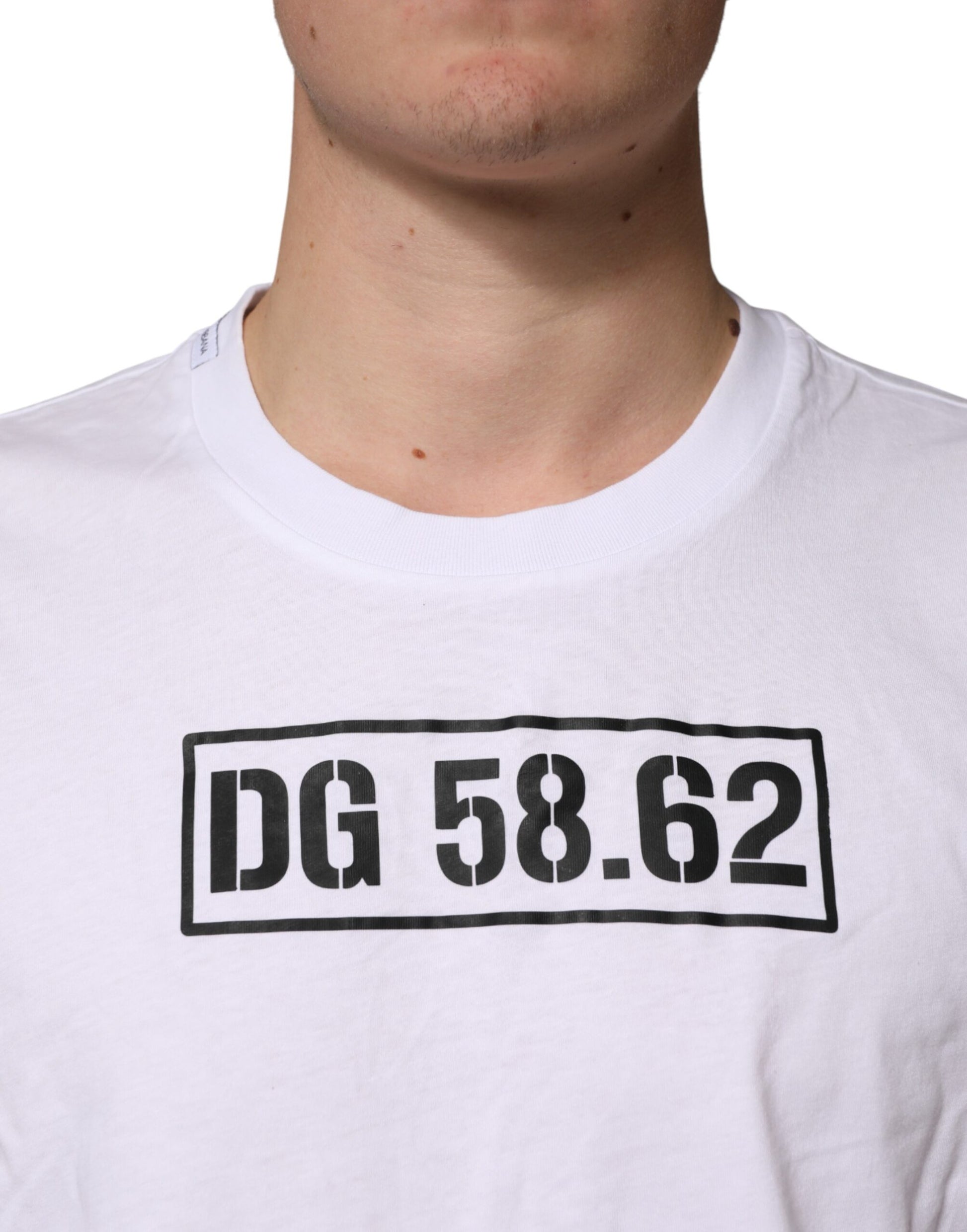 White t-shirt with black lettering