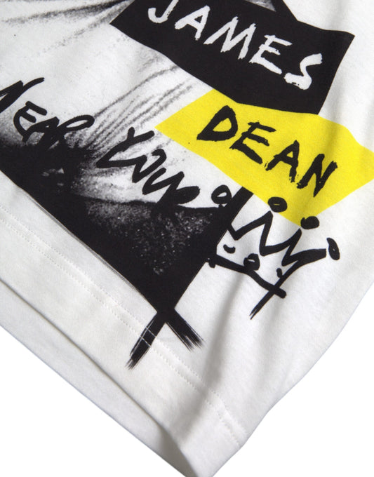 White t-shirt with black and yellow graphic design featuring text and image
