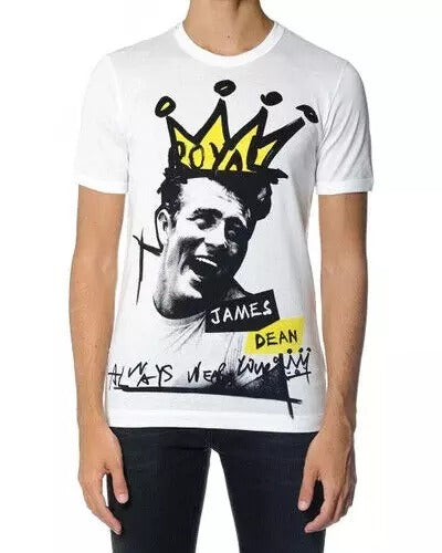 White t-shirt with graphic design featuring a man's face wearing a crown