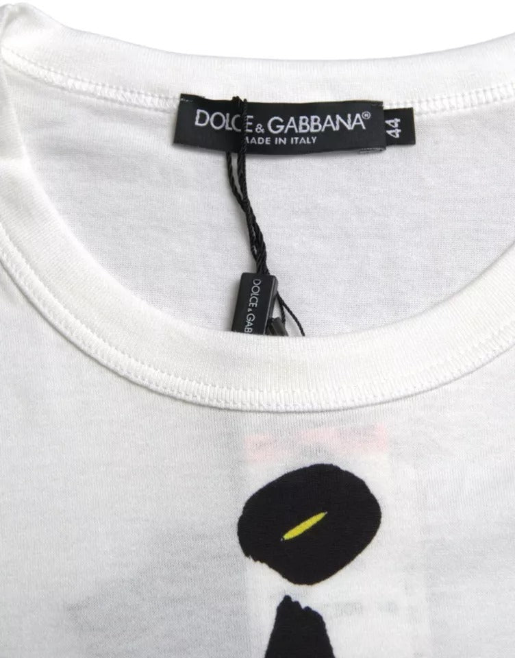 White t-shirt with black graphic on front
