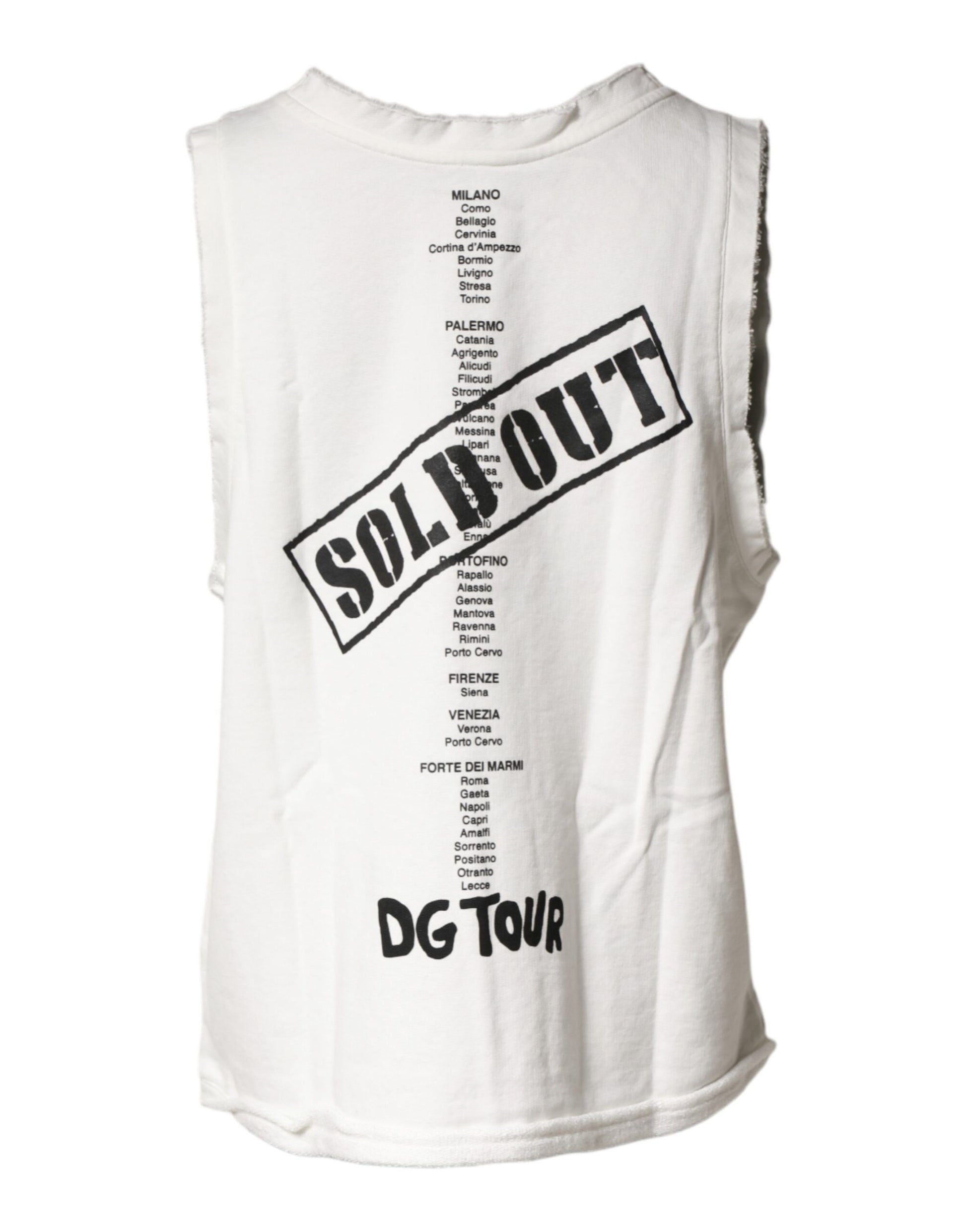 White tank top with "SOLD OUT" written on front in black letters