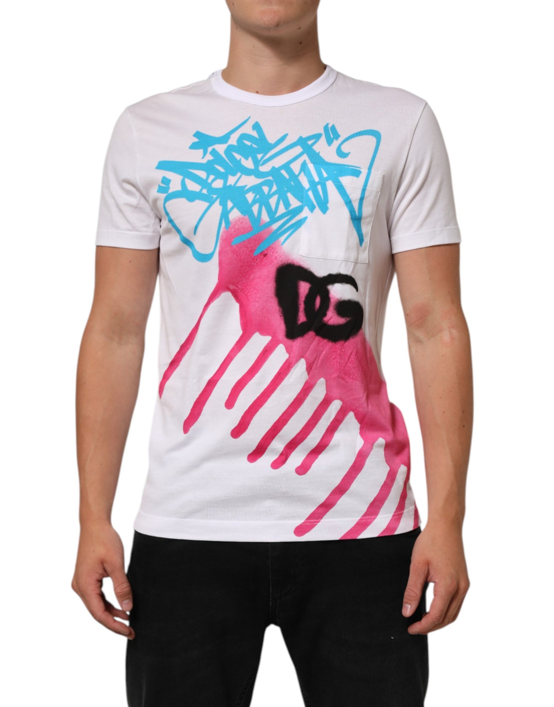 White t-shirt with graffiti design on front