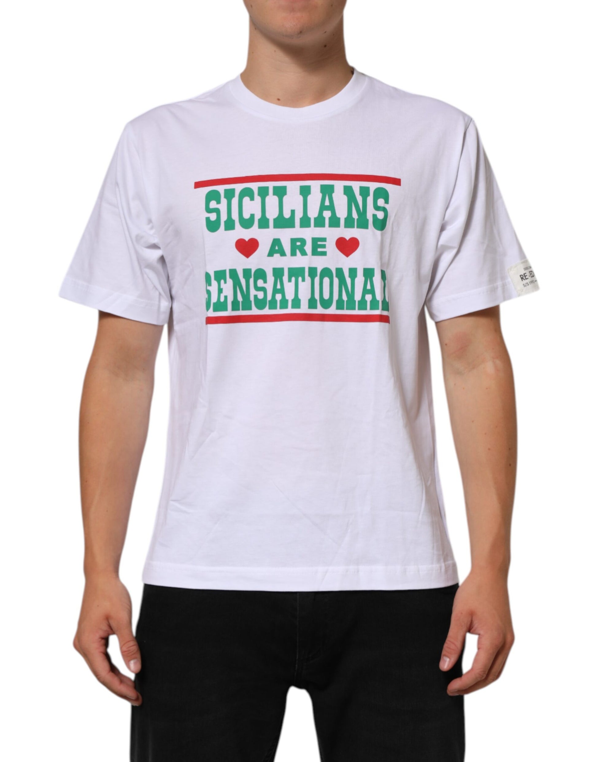 White t-shirt with red and green writing