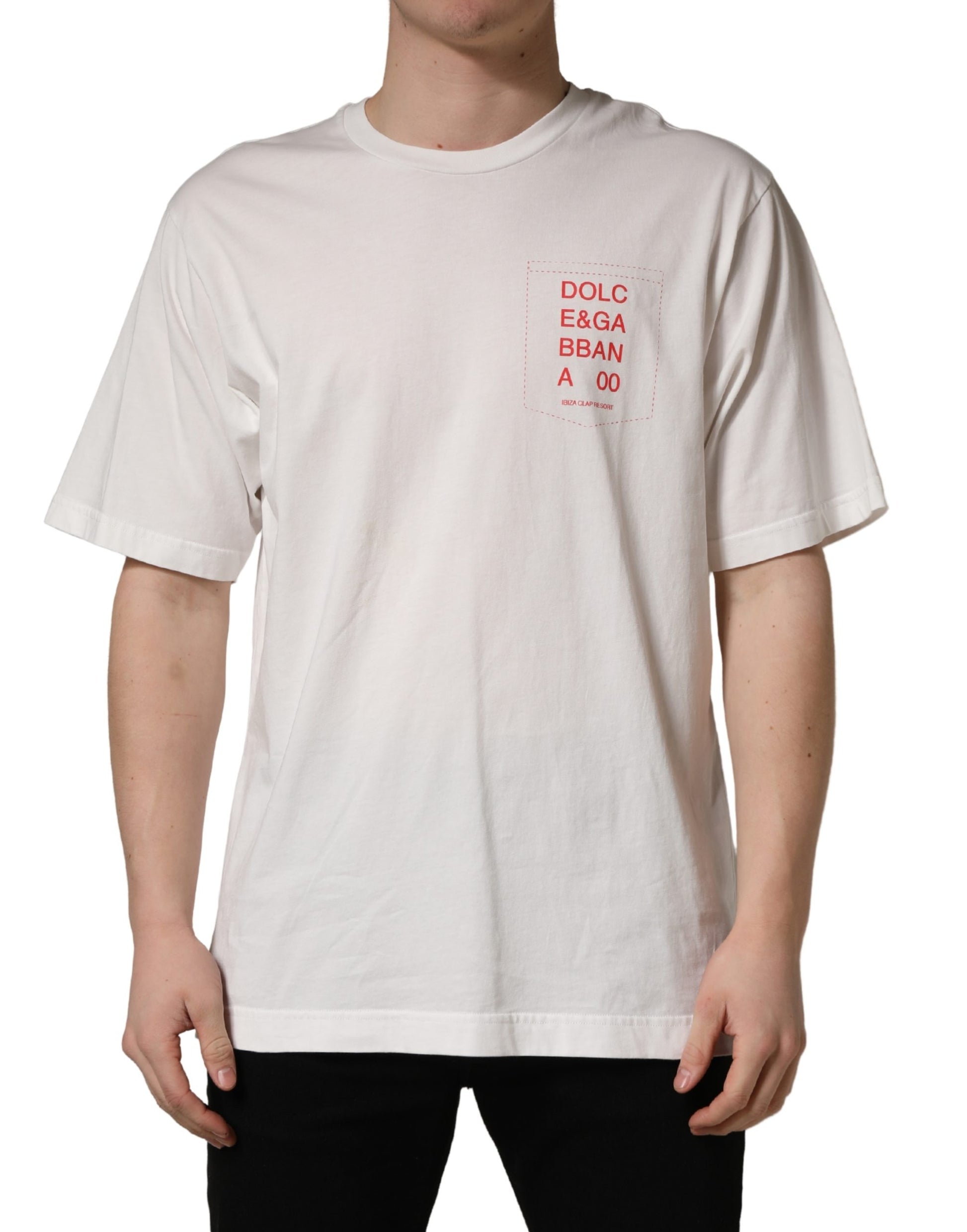 White t-shirt with red text on front
