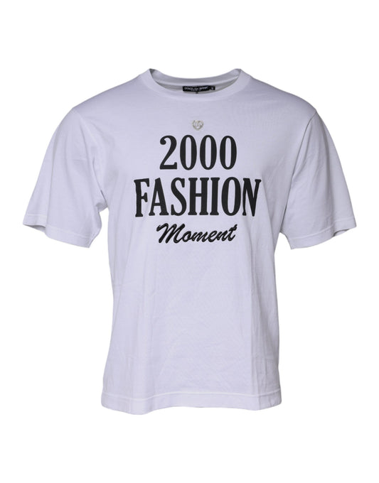 White t-shirt with black text reading "2000 fashion moment"