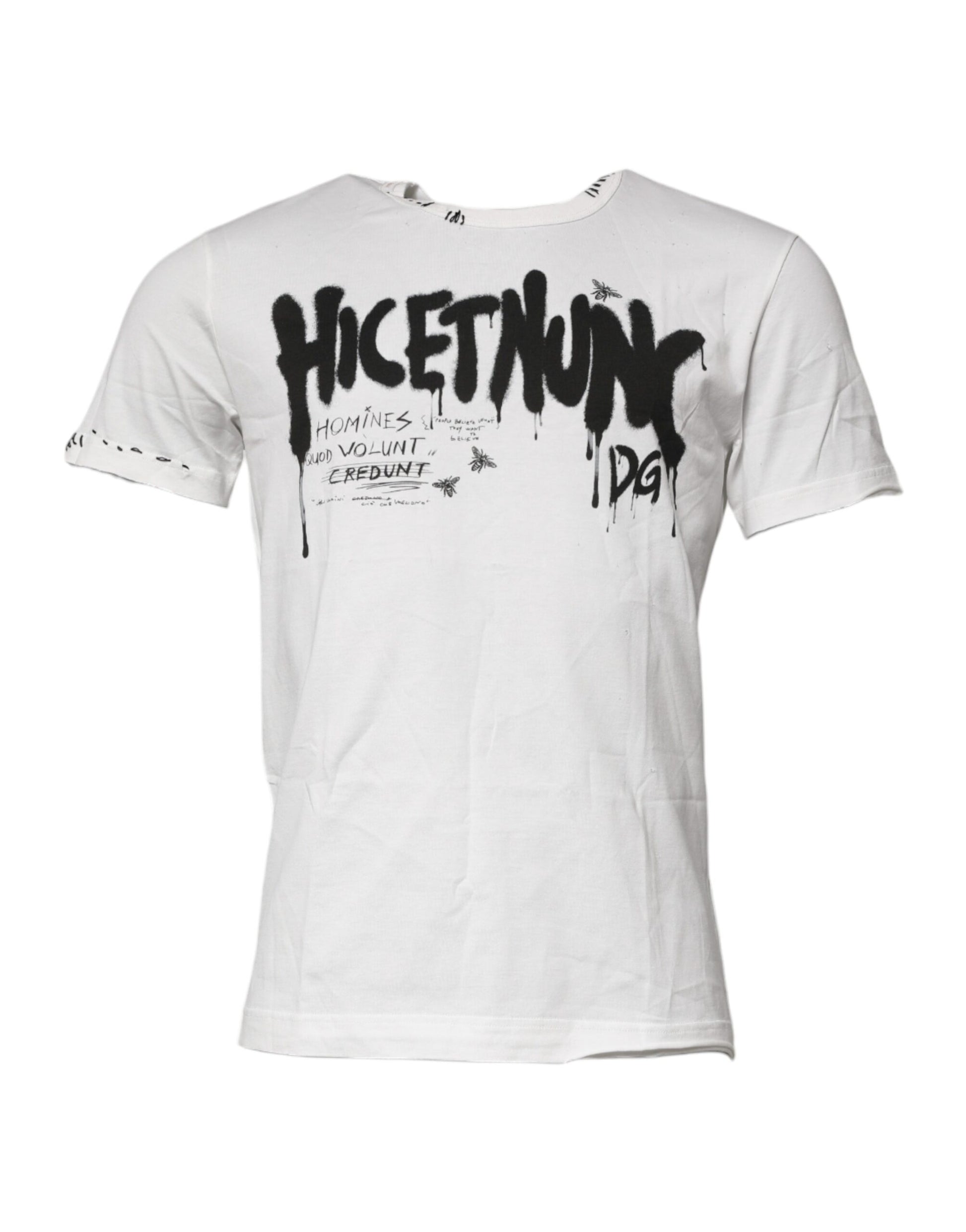 White t-shirt with black graffiti design on front