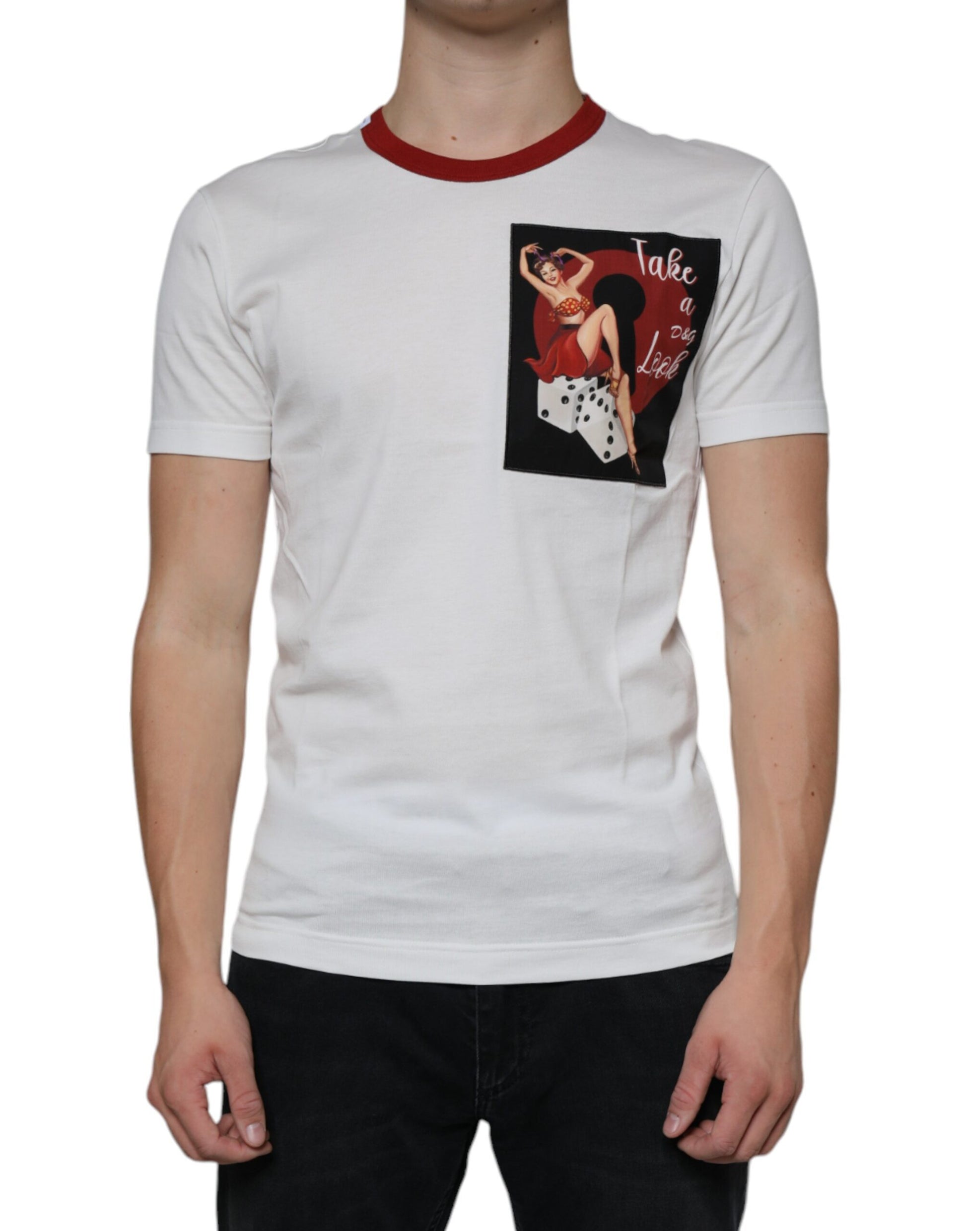 White t-shirt with red trim featuring a graphic of a woman in a red dress