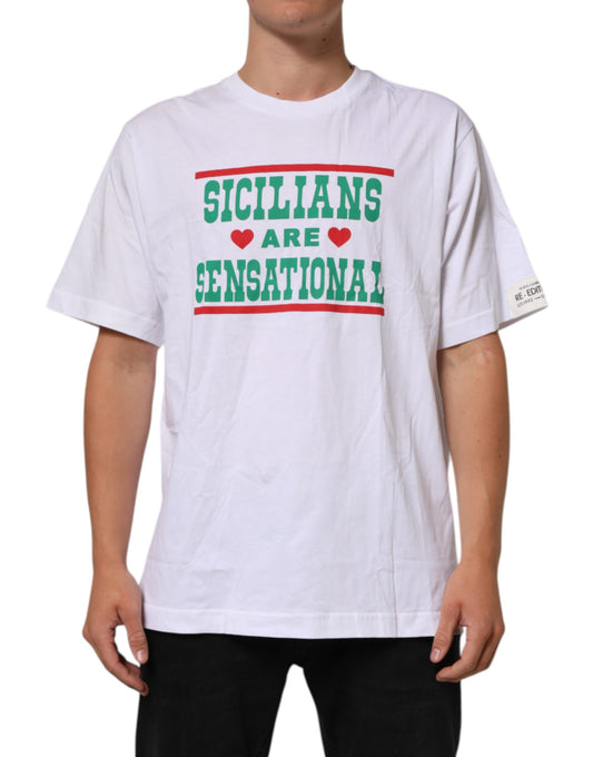 White t-shirt with green and red text