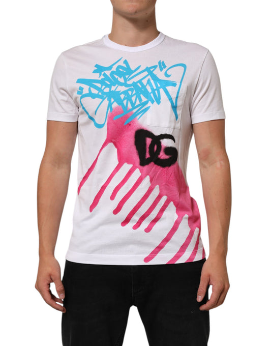 White t-shirt with graffiti design on front
