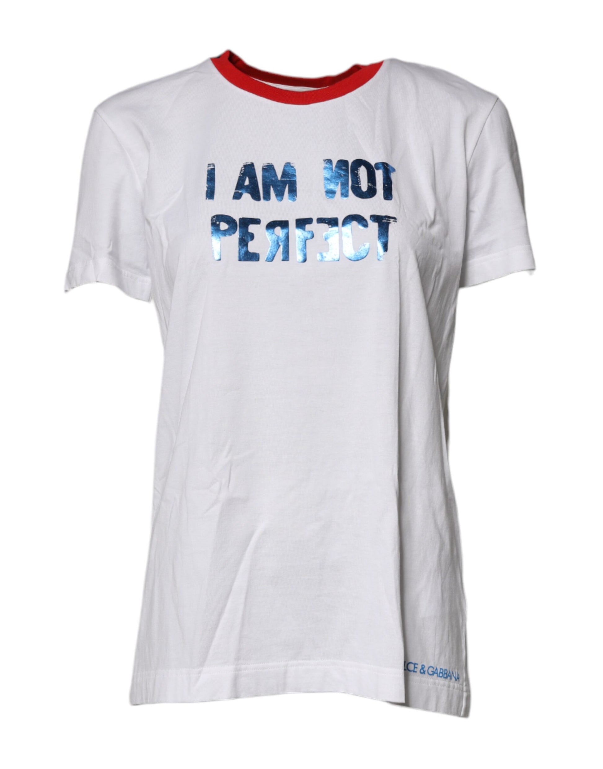 White t-shirt with red collar and blue lettering