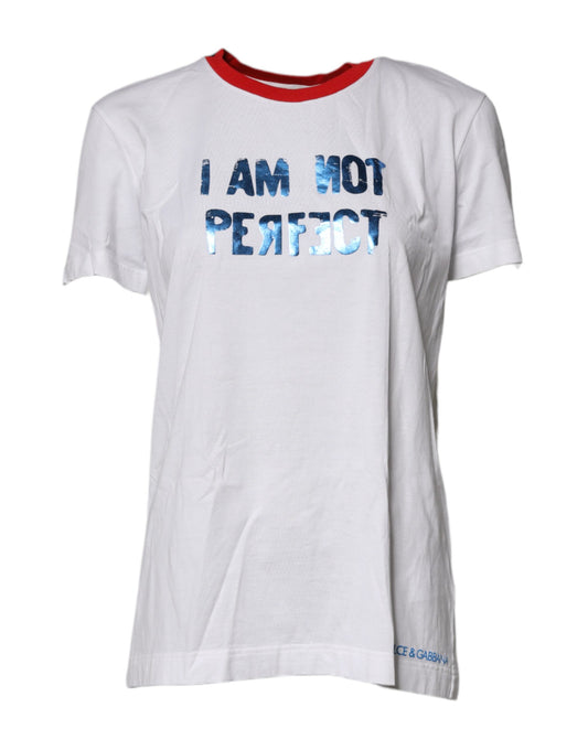 White t-shirt with red collar and blue lettering