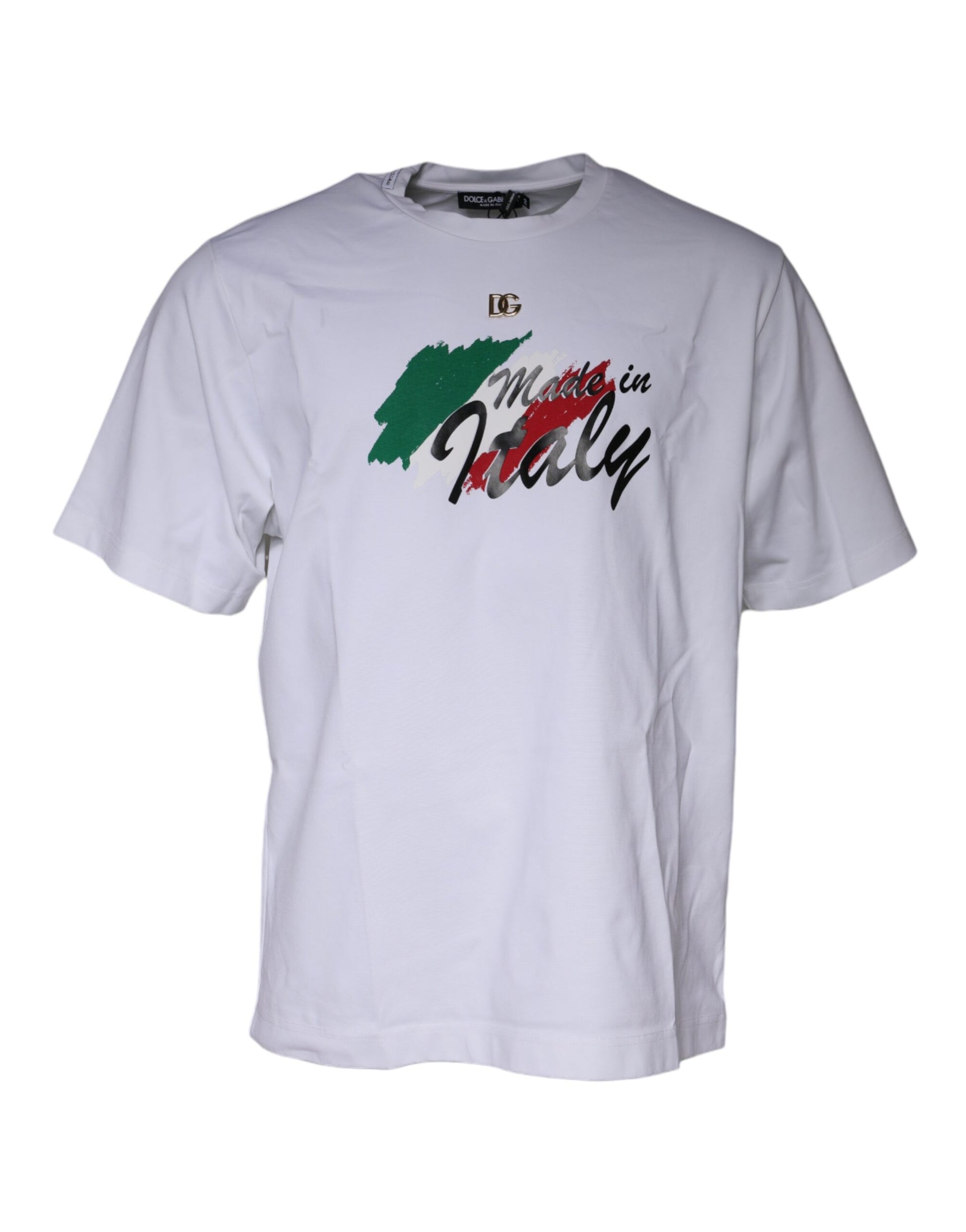 White t-shirt with graphic design on front