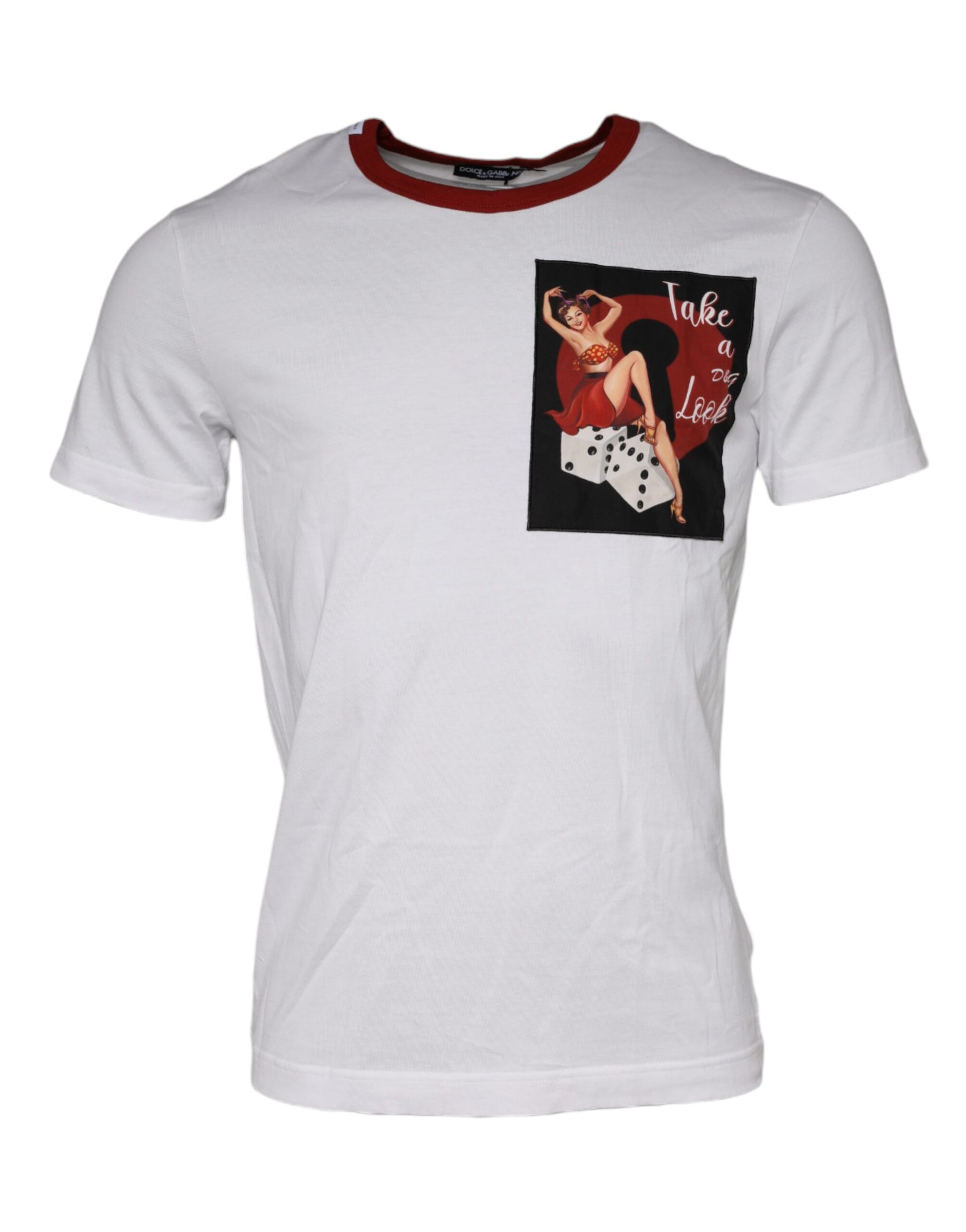White t-shirt with red collar featuring a graphic of a woman dancing on the front
