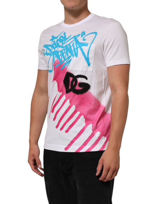 Man wearing graphic t-shirt with graffiti design