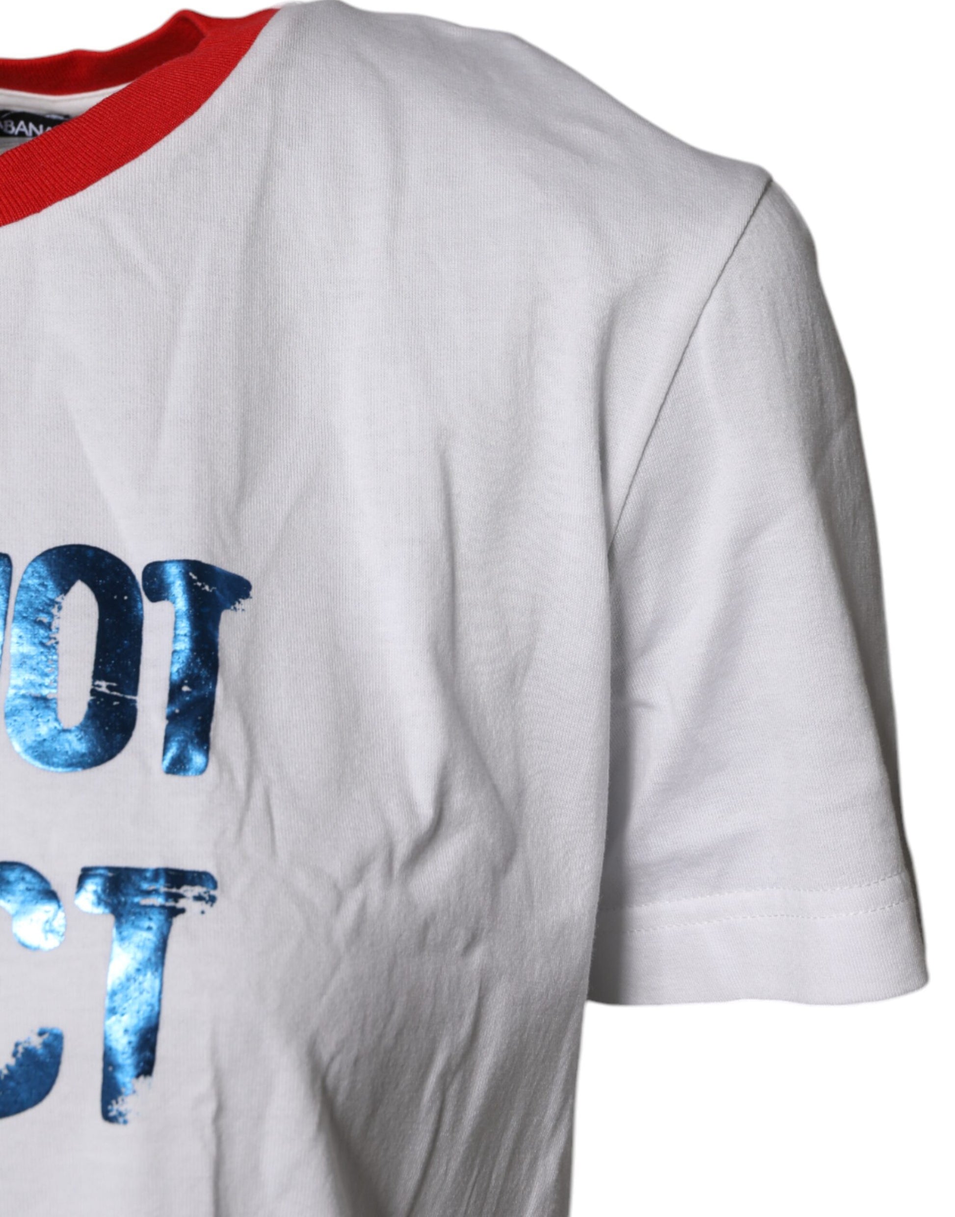 White t-shirt with red and blue lettering