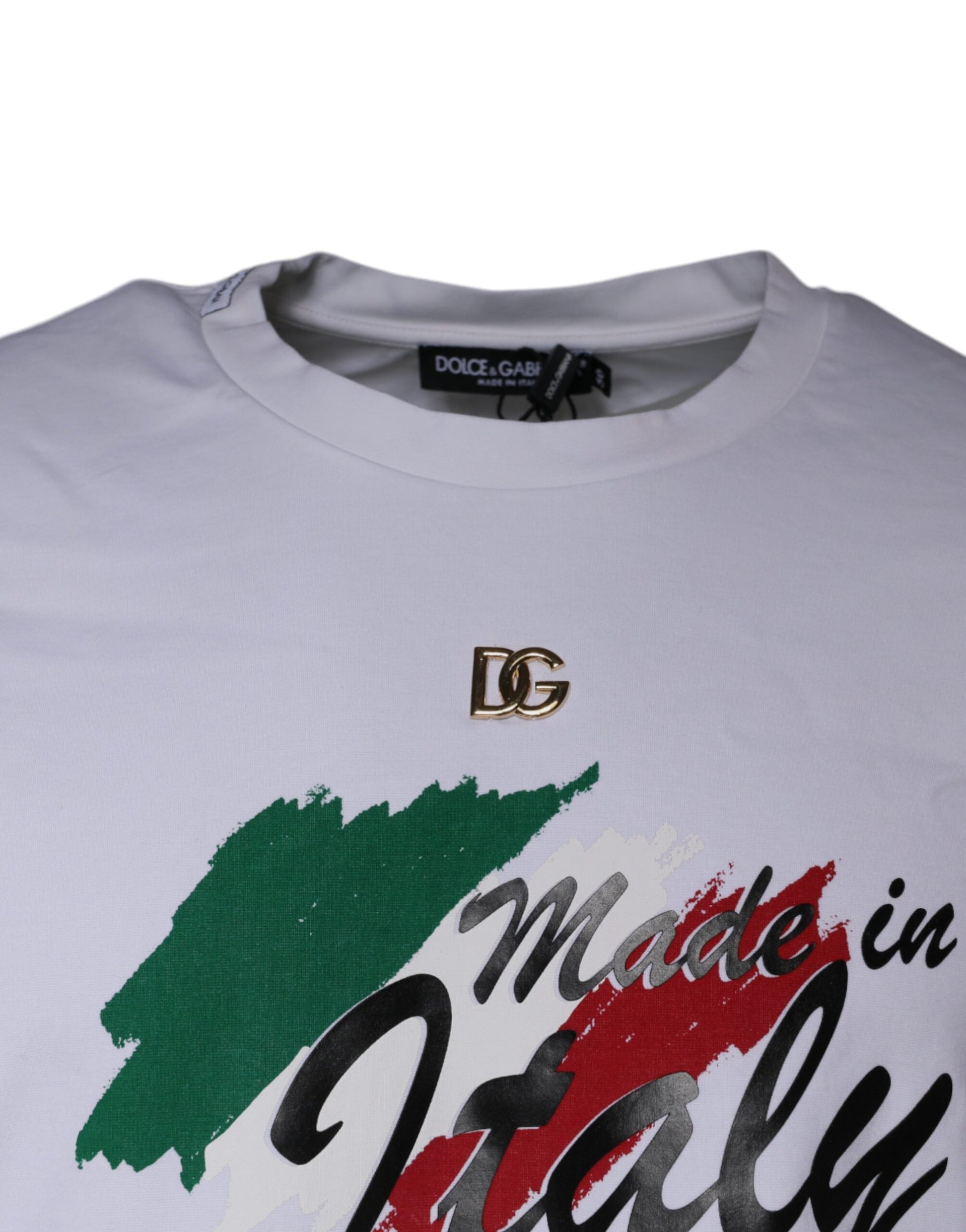 White t-shirt with graphic design featuring Italian flag colors