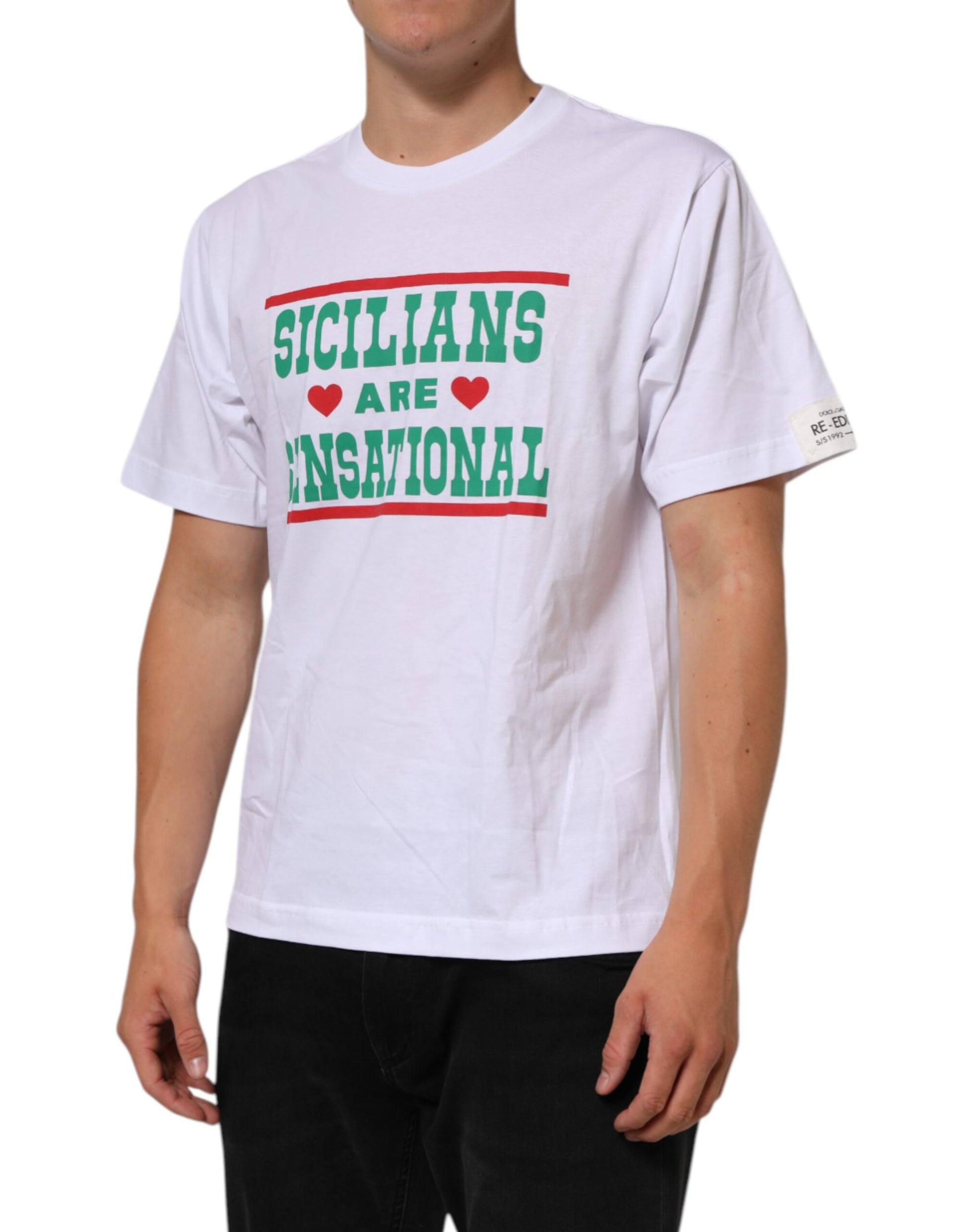 White t-shirt with green and red lettering