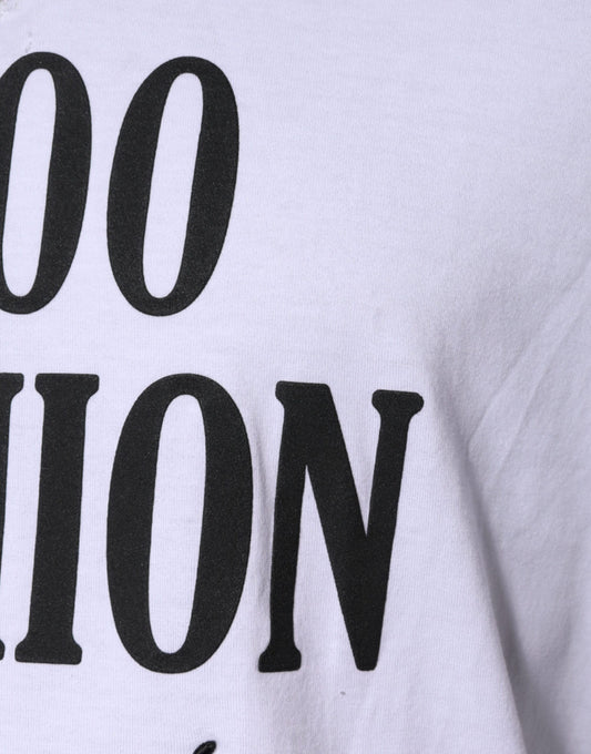 White t-shirt with black lettering
