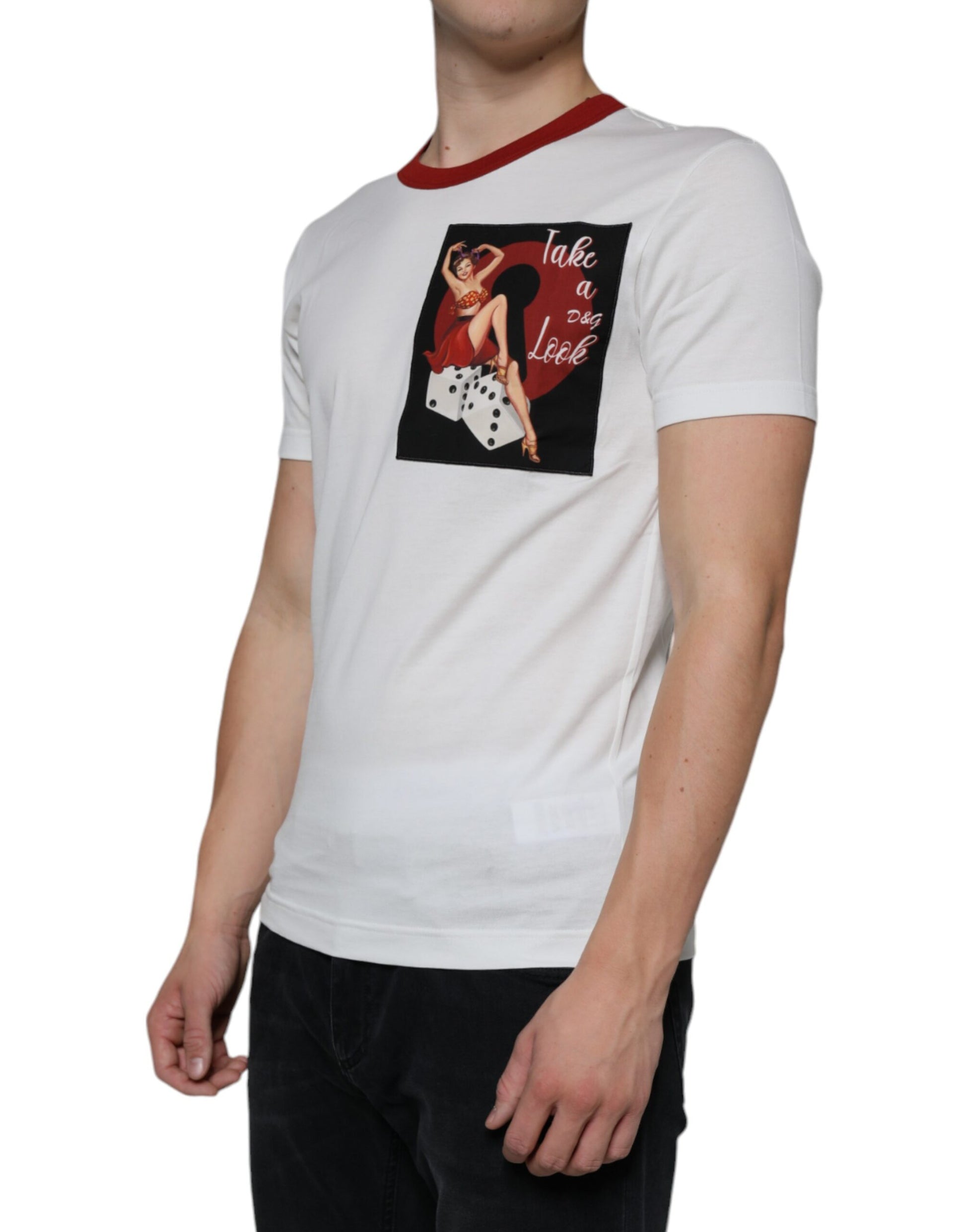 White t-shirt with graphic design on front