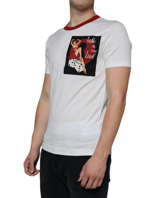 White t-shirt with graphic design on front
