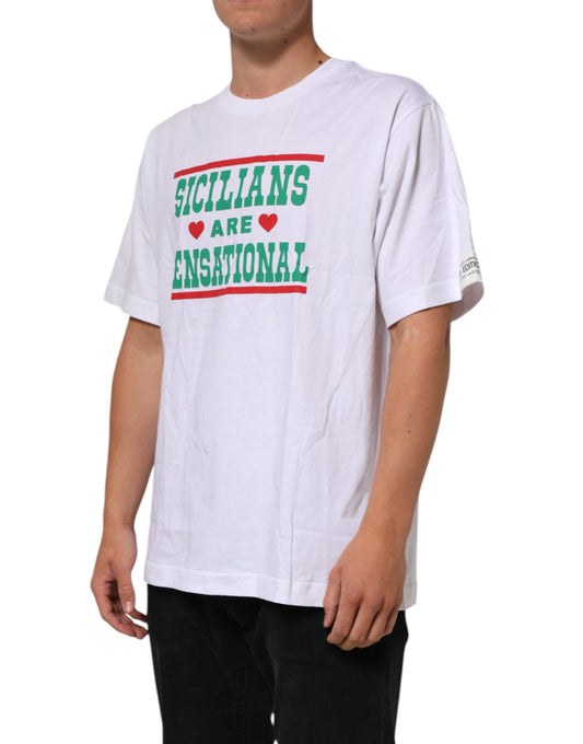 White t-shirt with red and green lettering