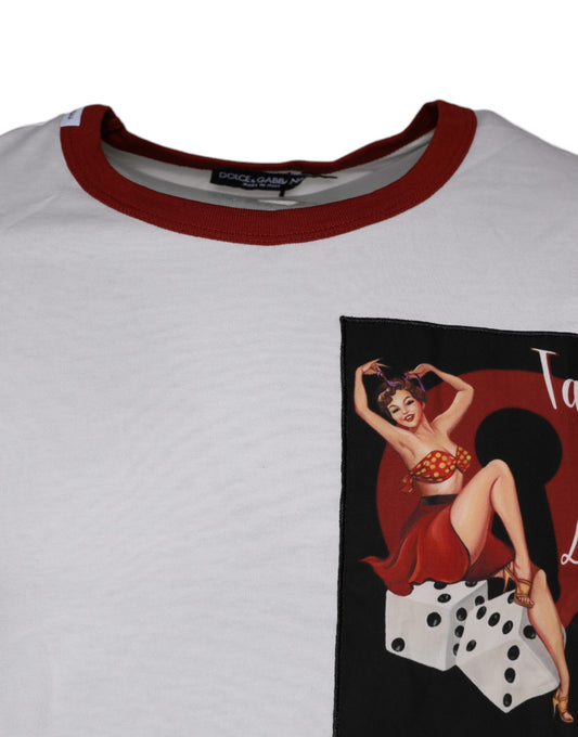 White t-shirt with red trim featuring a black and white image of a woman playing cards
