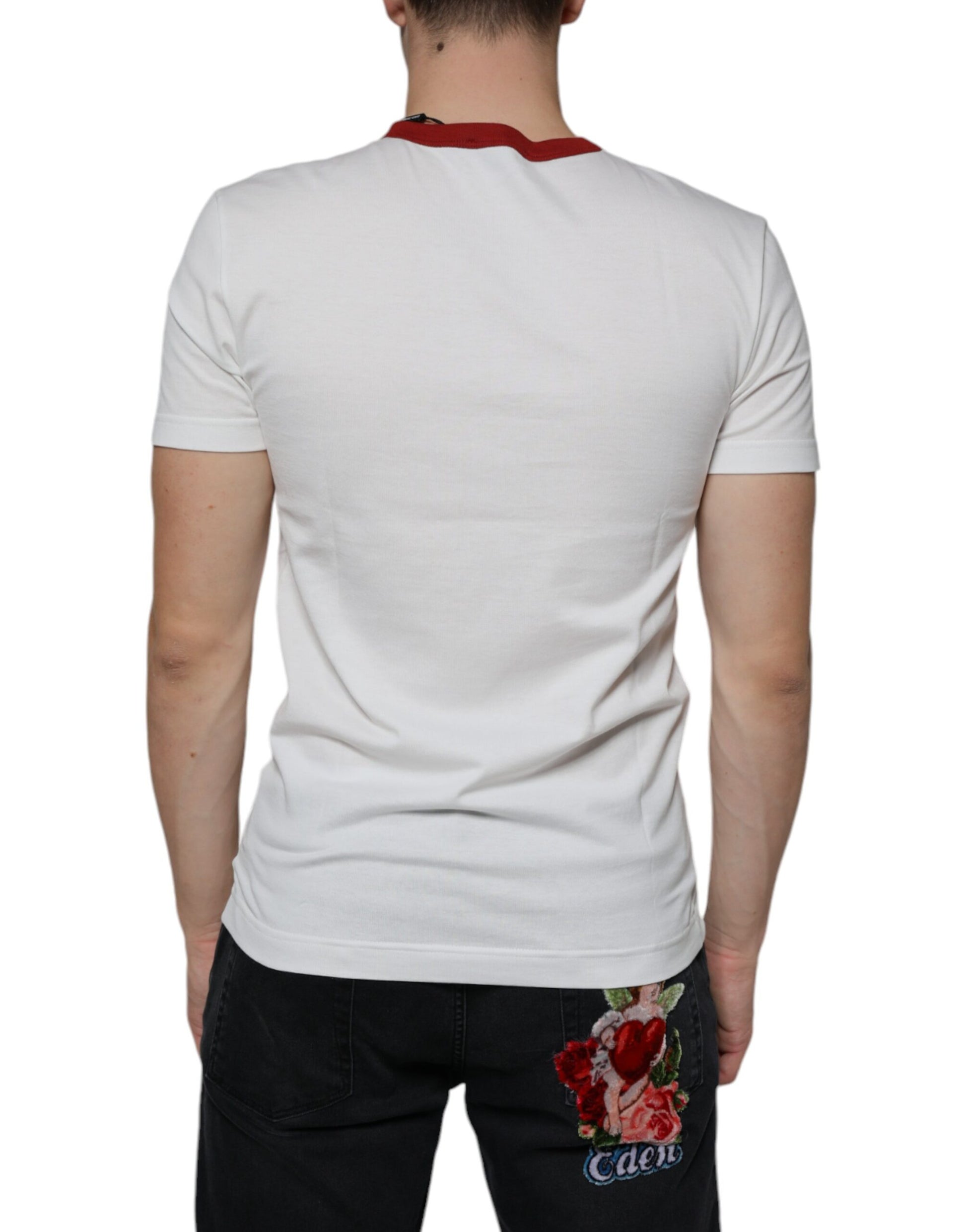 White t-shirt with red graphic on back