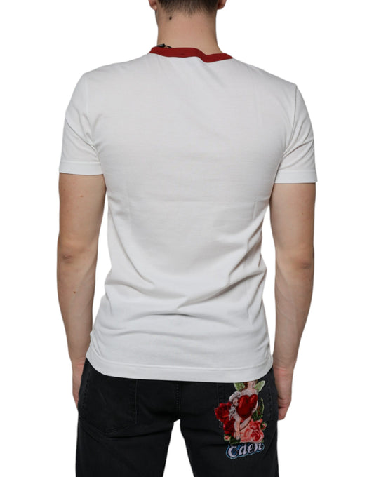 White t-shirt with red graphic on back
