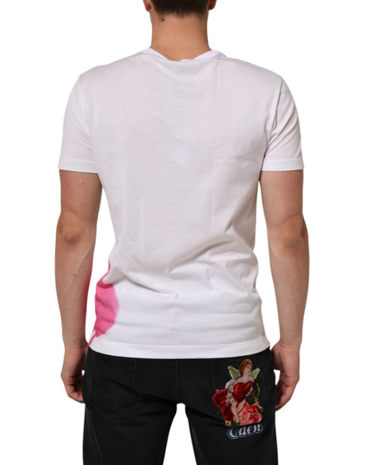 White t-shirt with pink floral design on back
