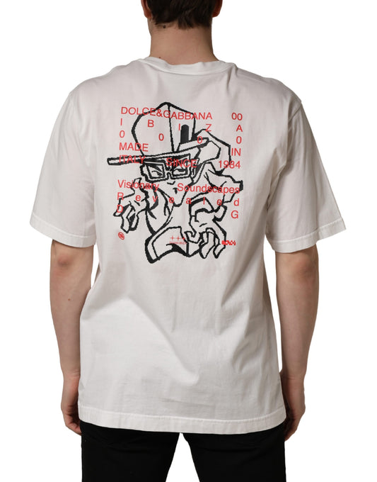 White t-shirt with black graphic design on back