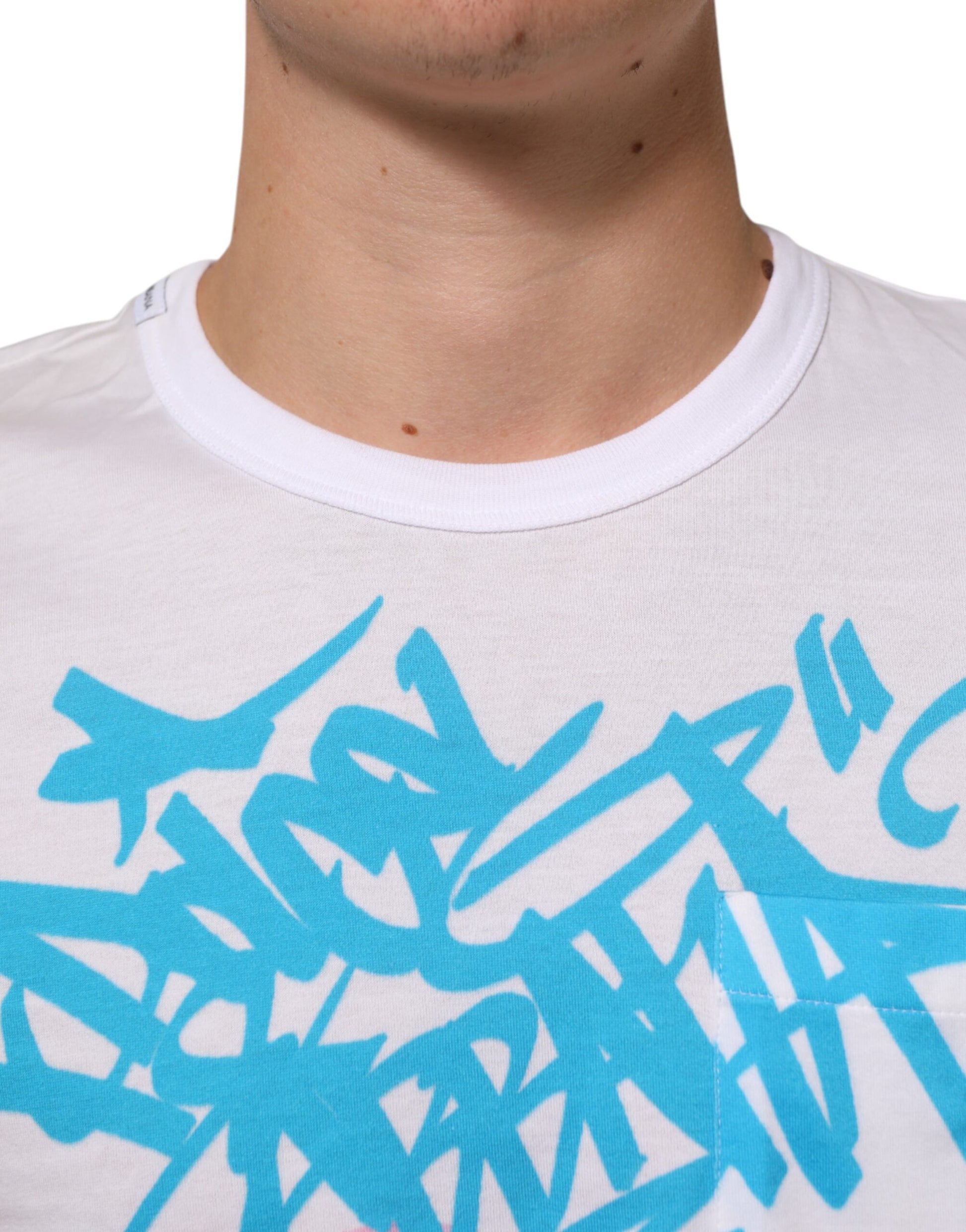 White t-shirt with blue graffiti design