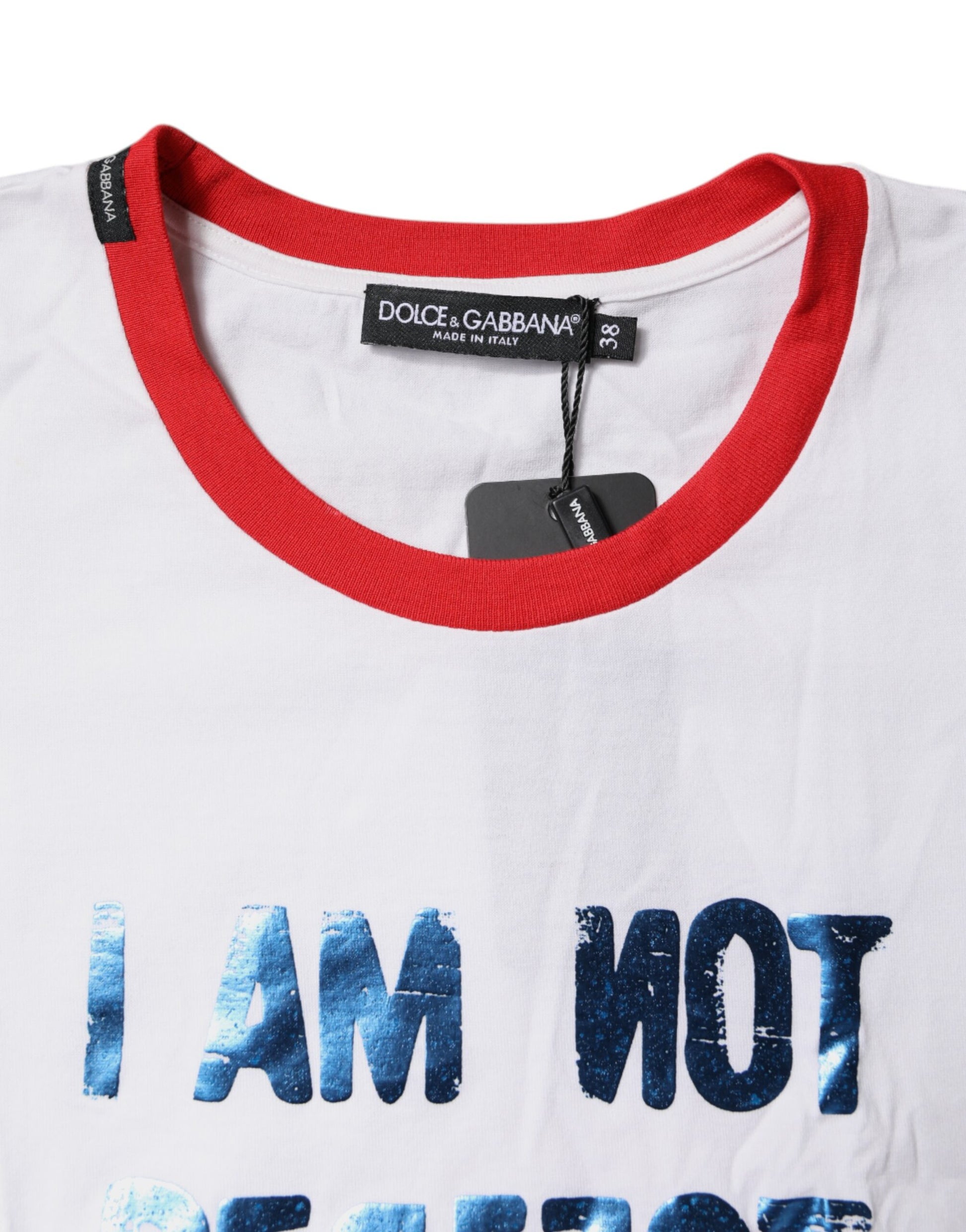 White t-shirt with red collar and blue writing