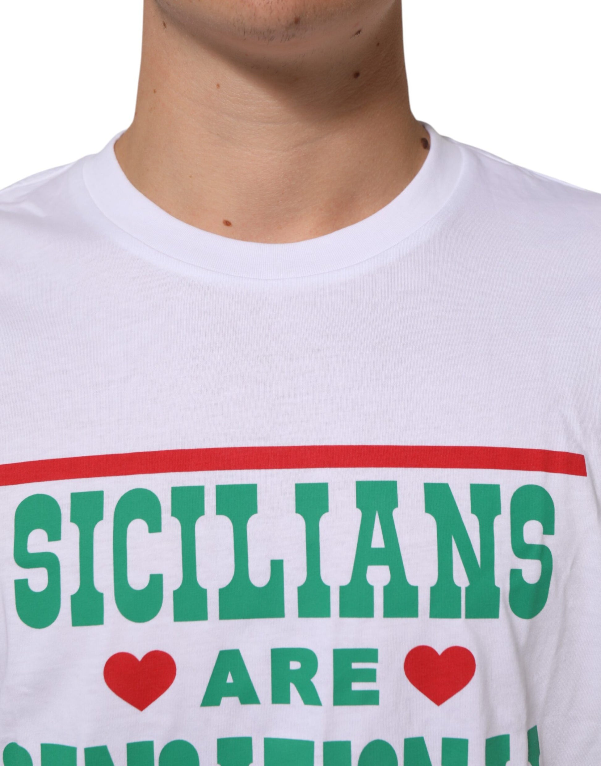 White t-shirt with red and green text reading "SICILIANS ARE SENSITIVE"