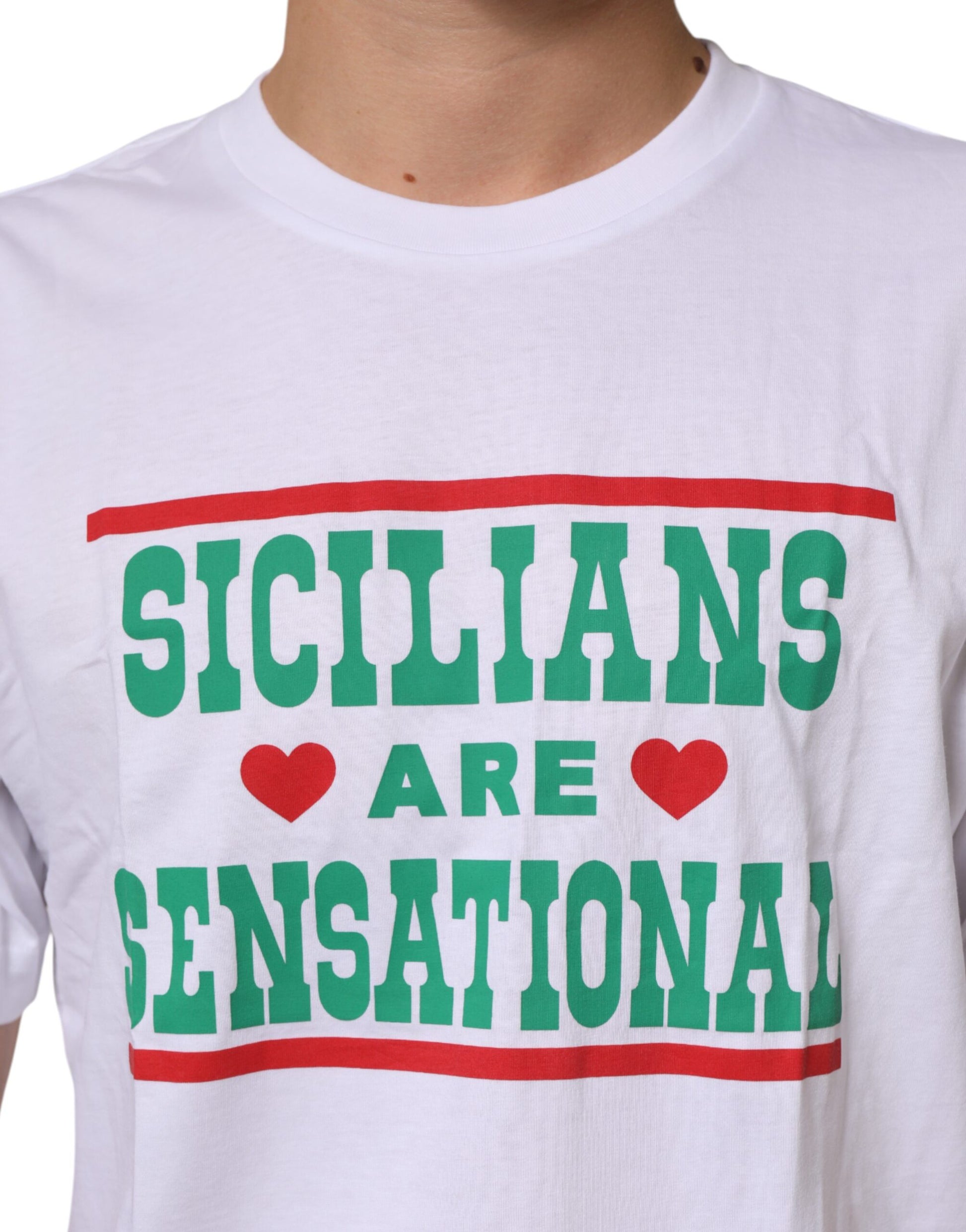 White t-shirt with green and red text reading "SICILIANS ARE SENSATIONAL"