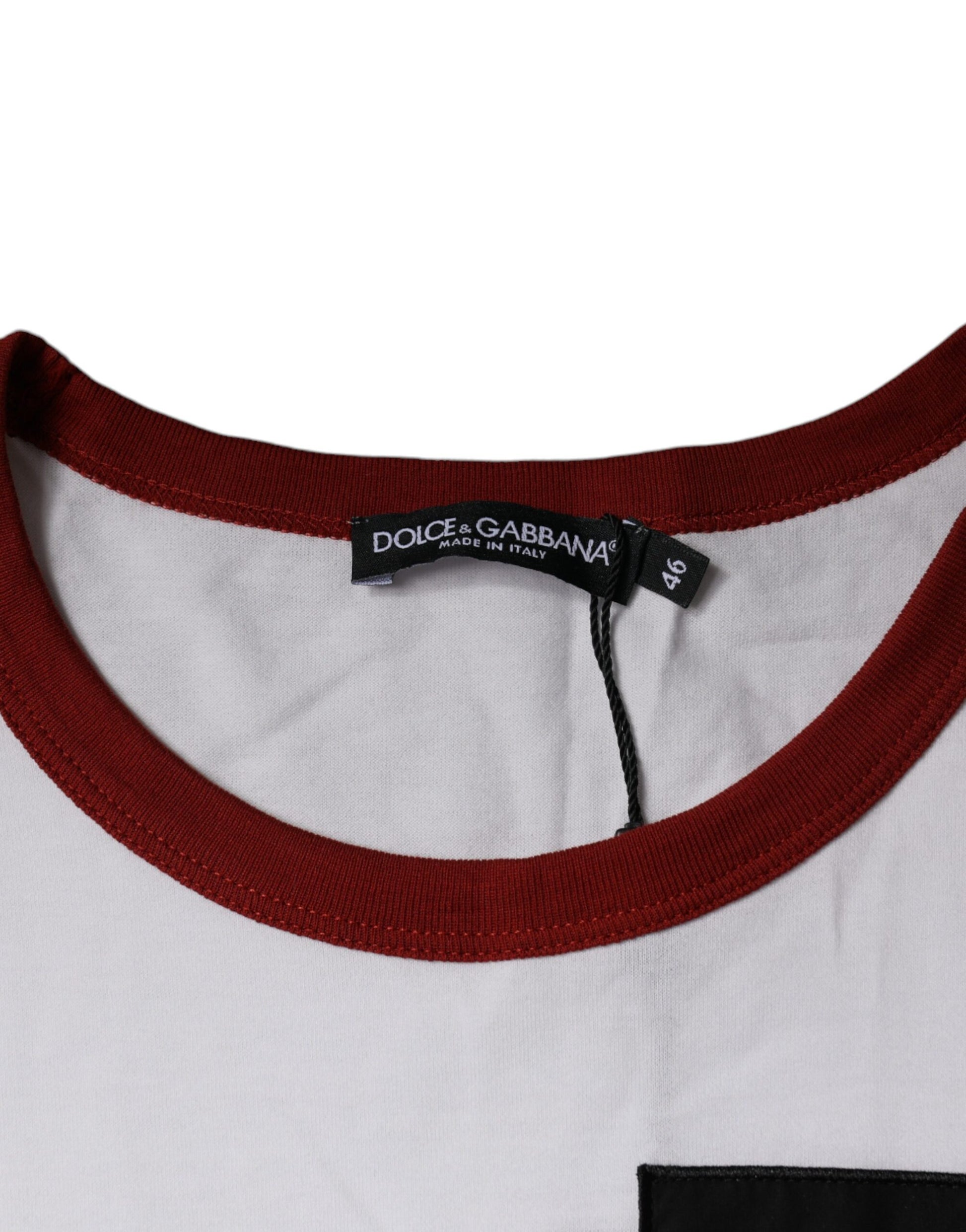 White t-shirt with red collar and tag