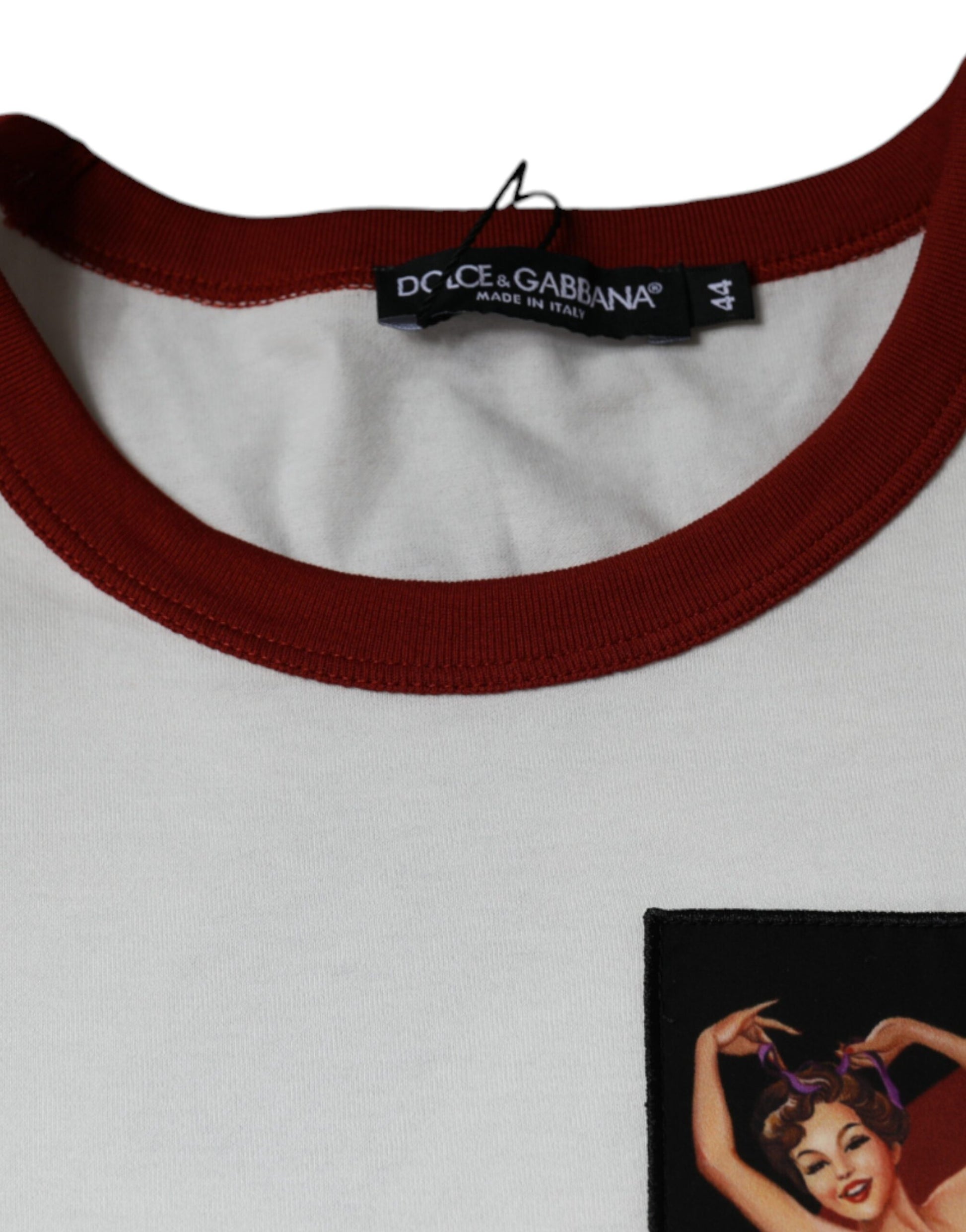 White t-shirt with red collar and sleeves