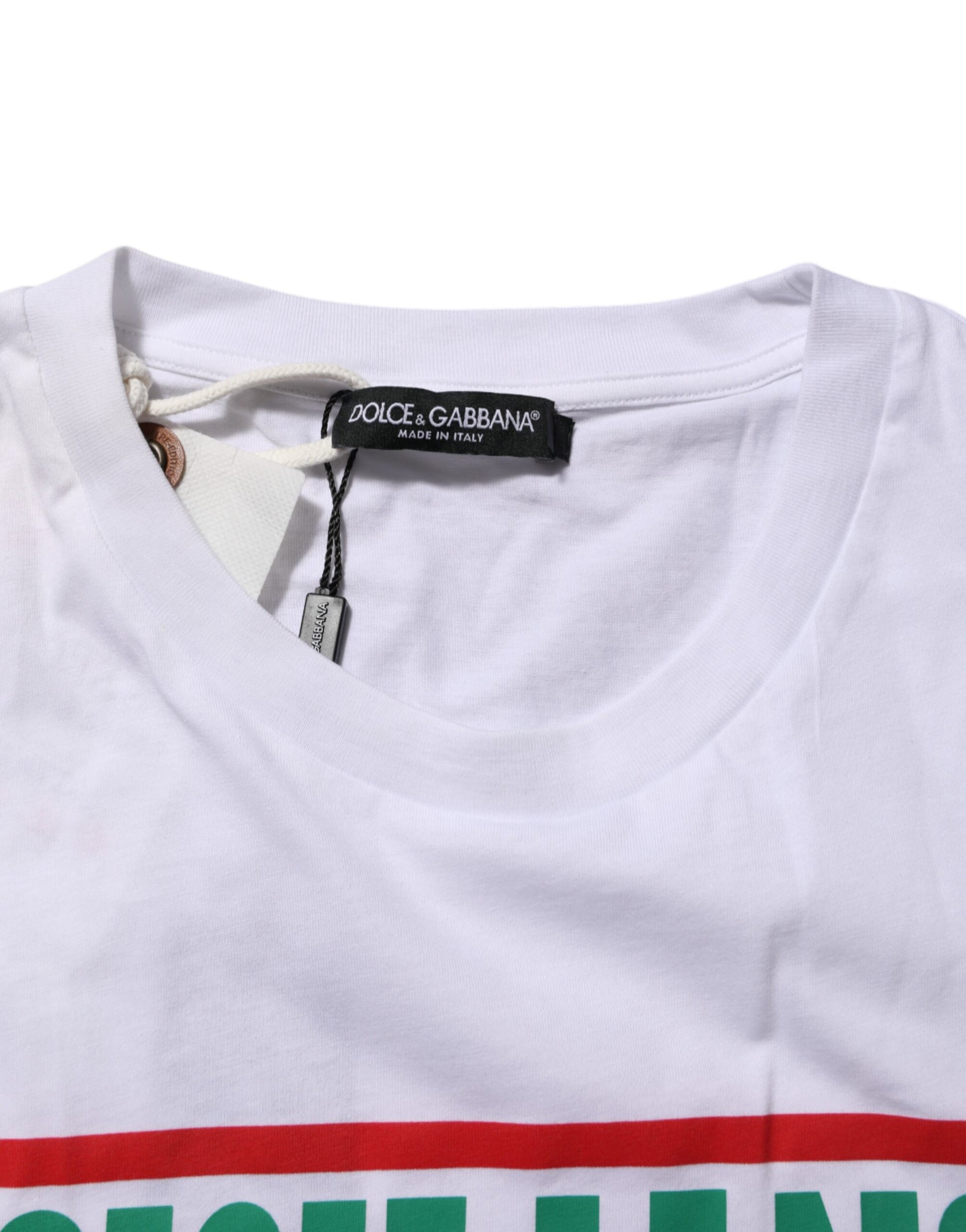 White t-shirt with red and green stripes on sleeve