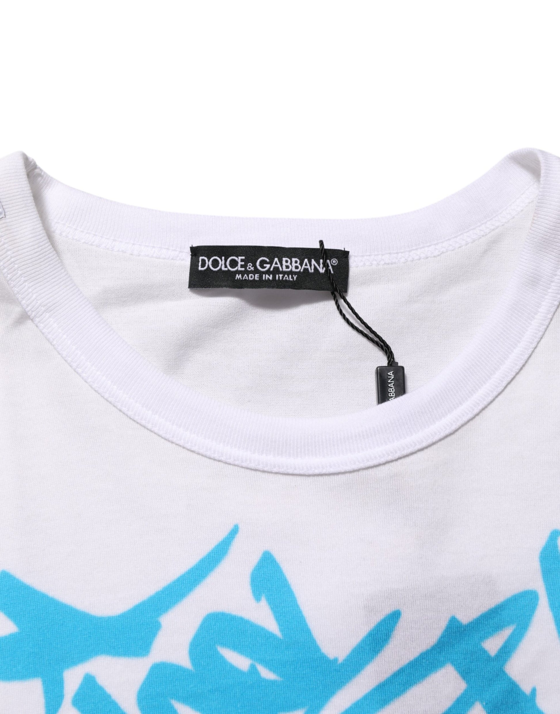 White t-shirt with blue graffiti design on front