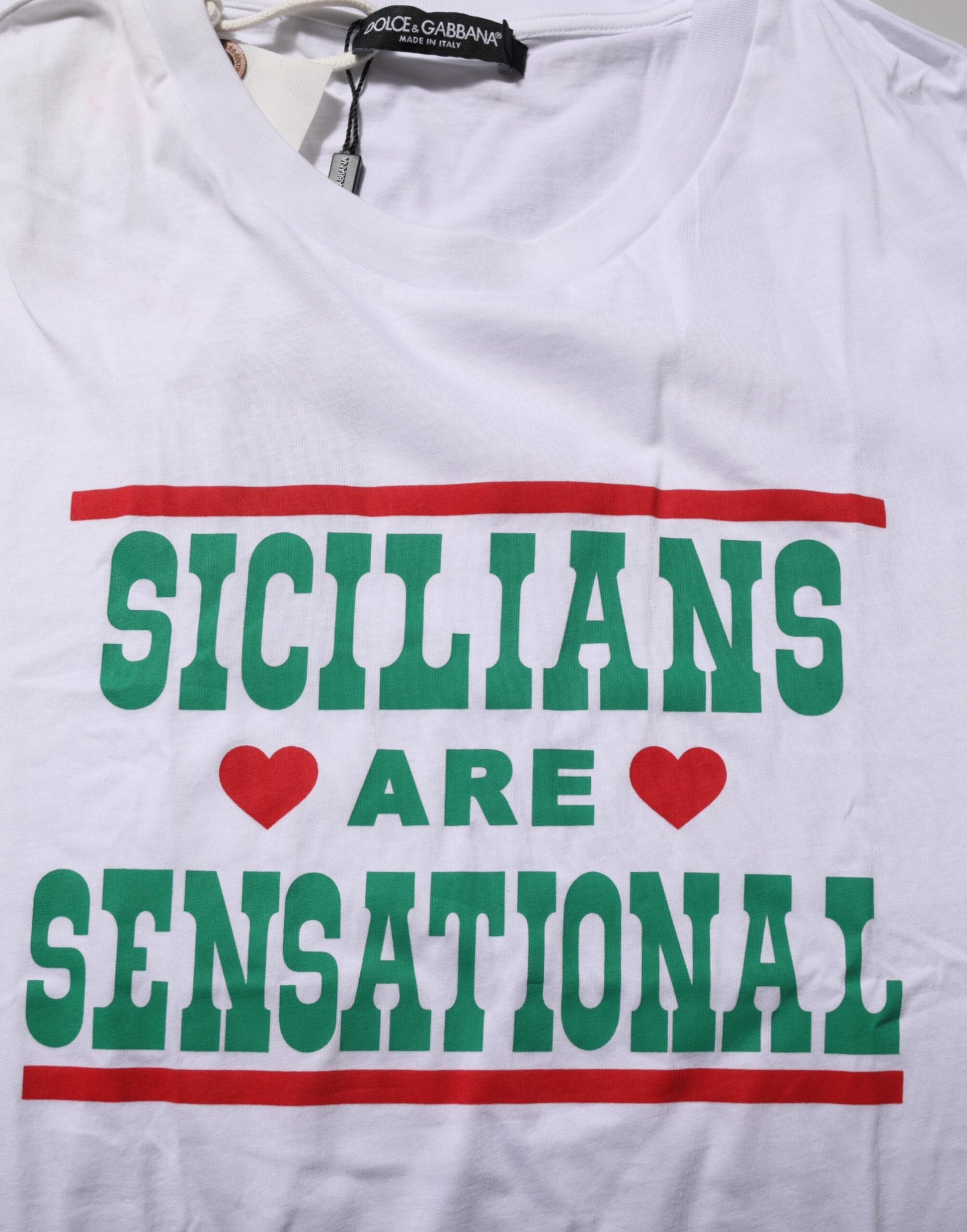 White t-shirt with green and red text reading "Sicilians are heartfelt sensational"