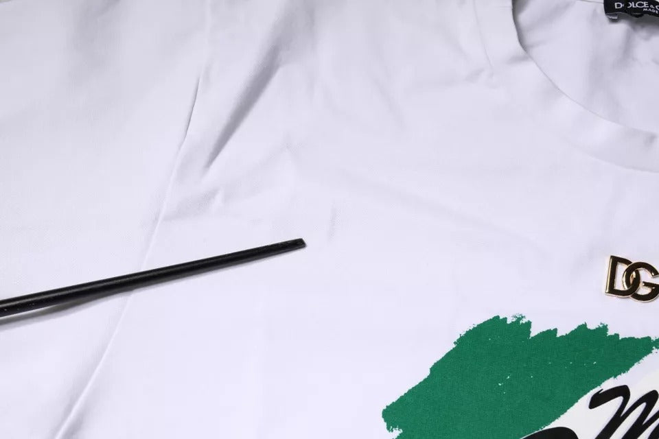 White t-shirt with green design on front