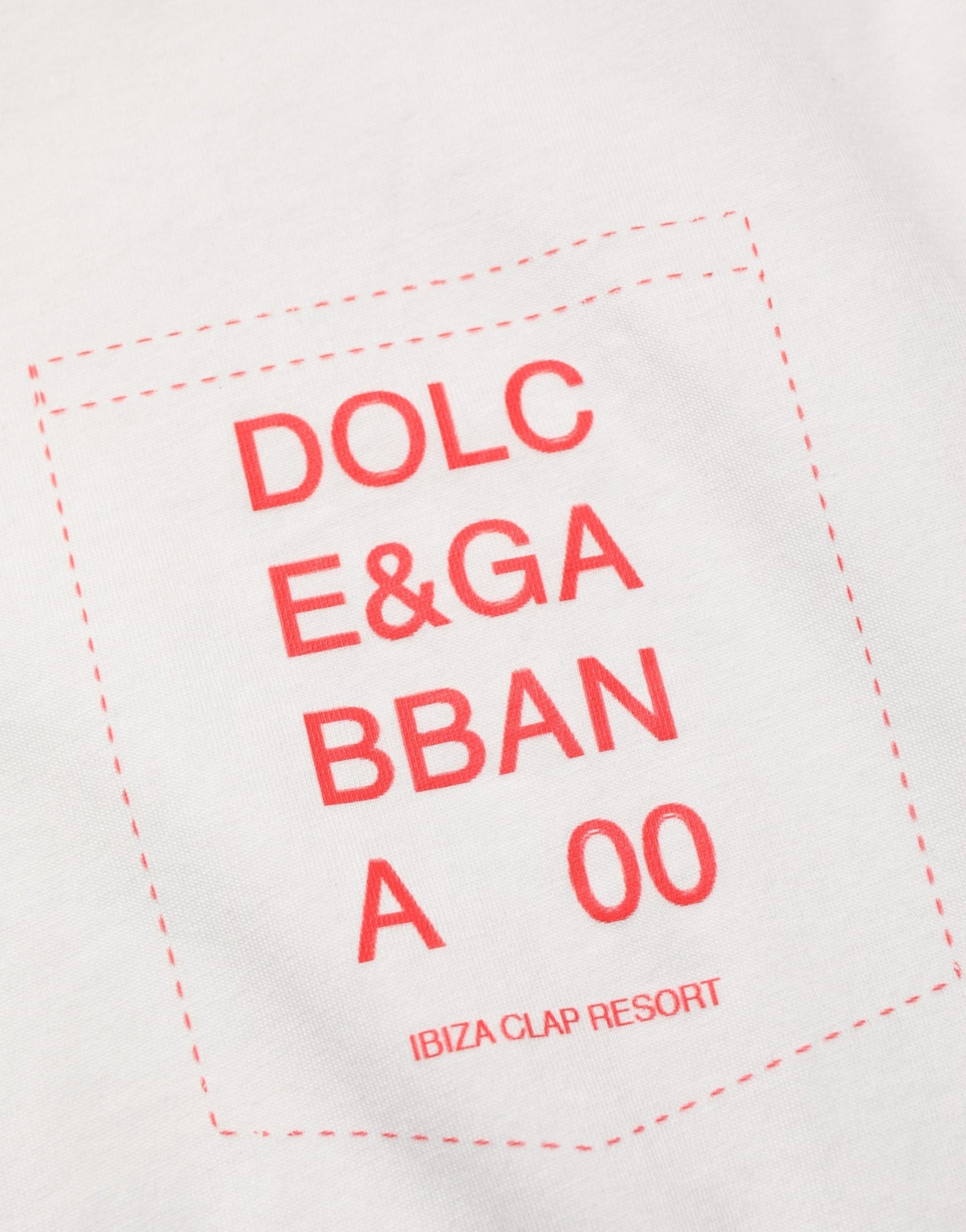 Red logo on white fabric