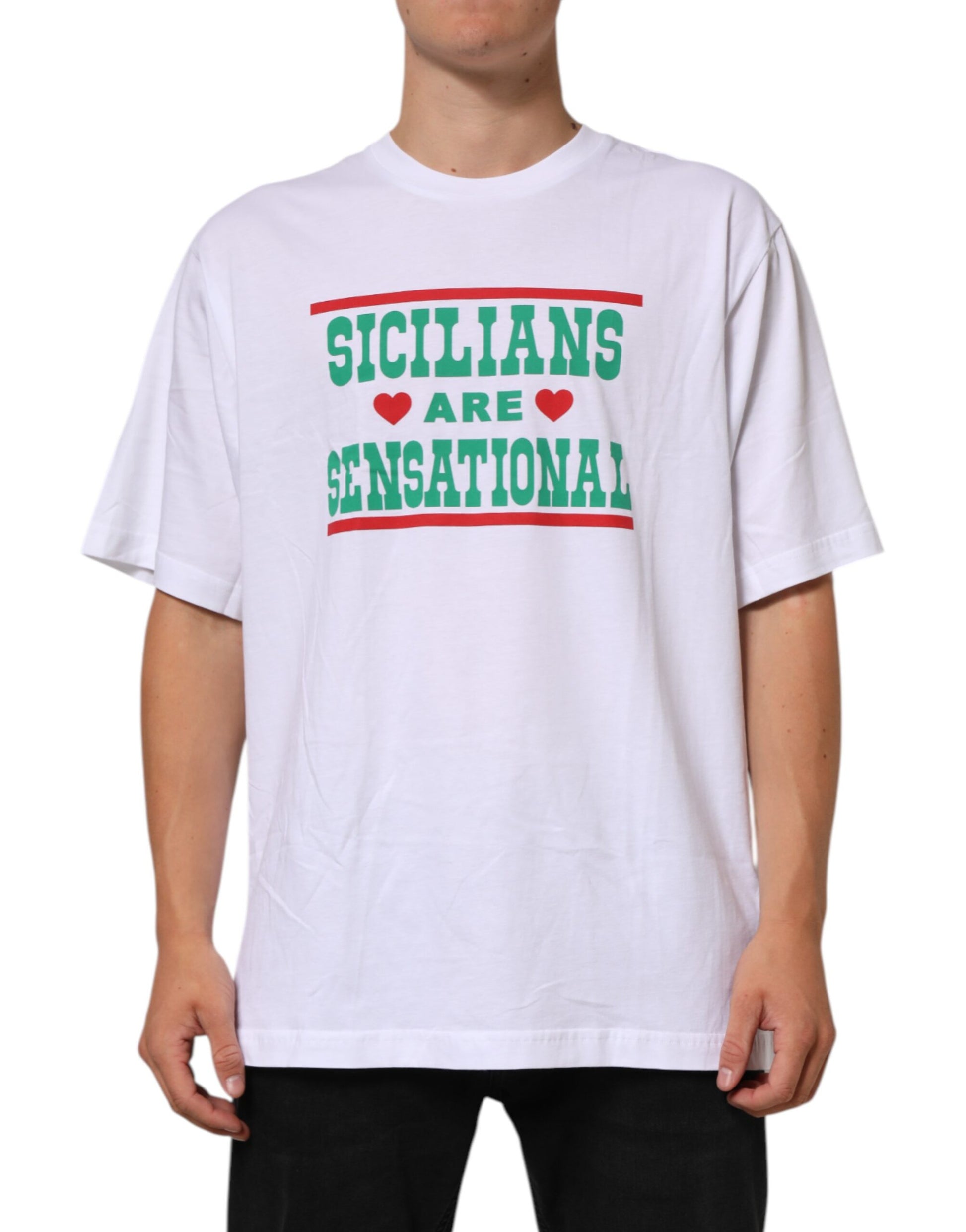 White t-shirt with red and green lettering