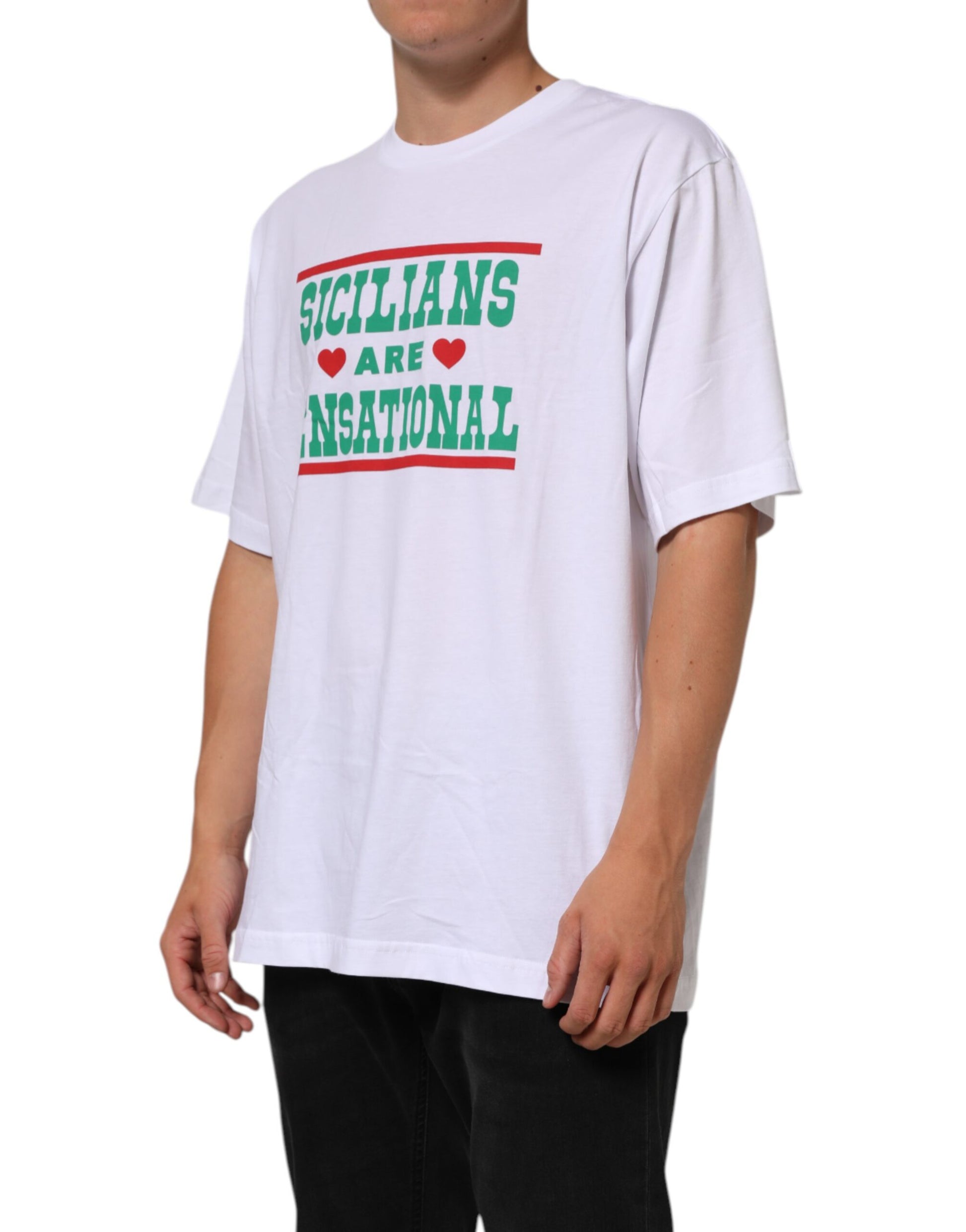 White t-shirt with red and green lettering