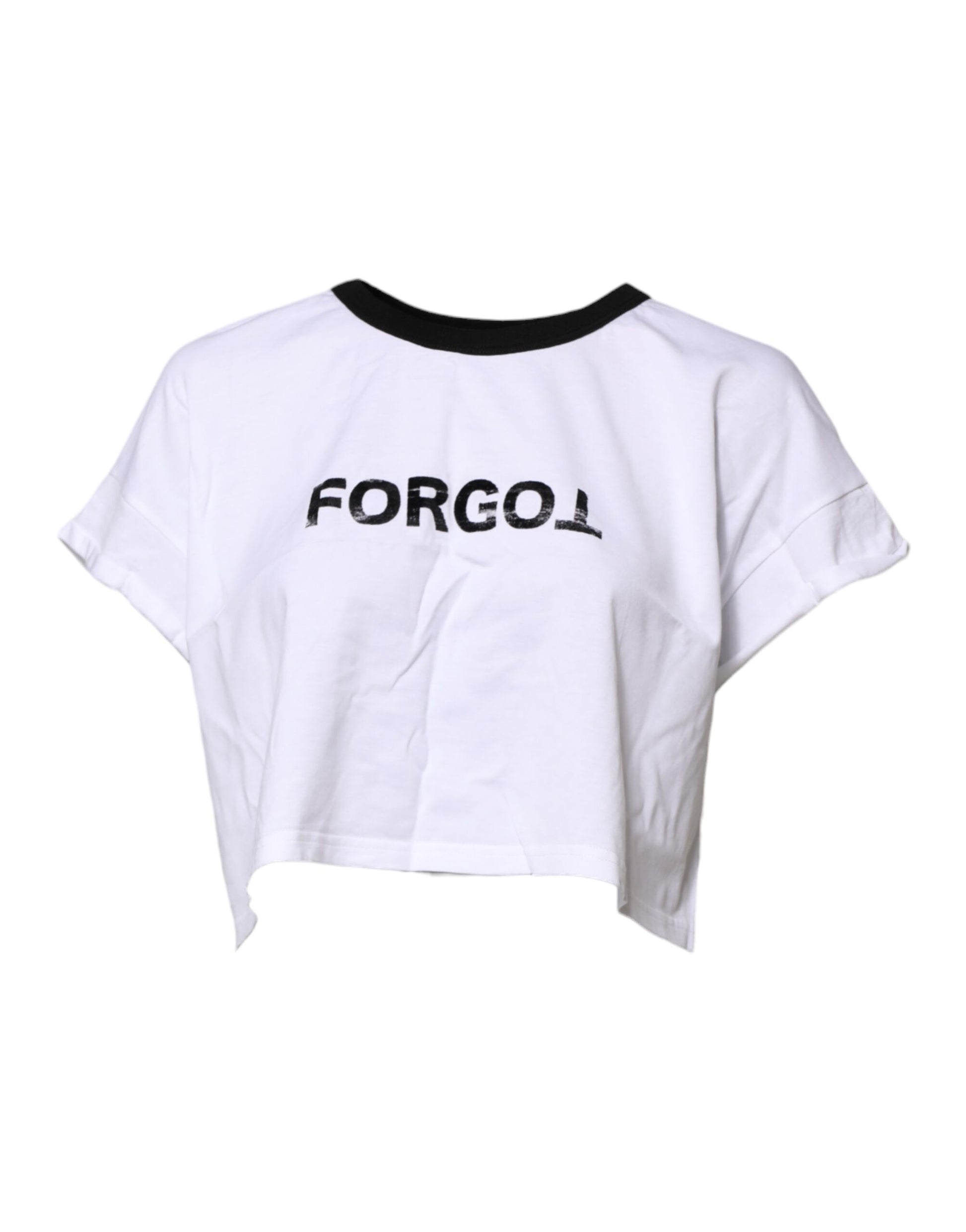 White crop top with black lettering