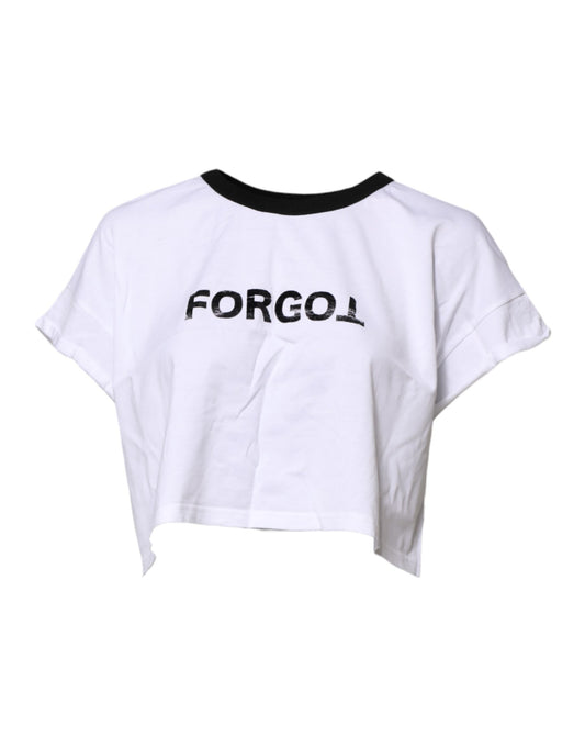 White crop top with black lettering