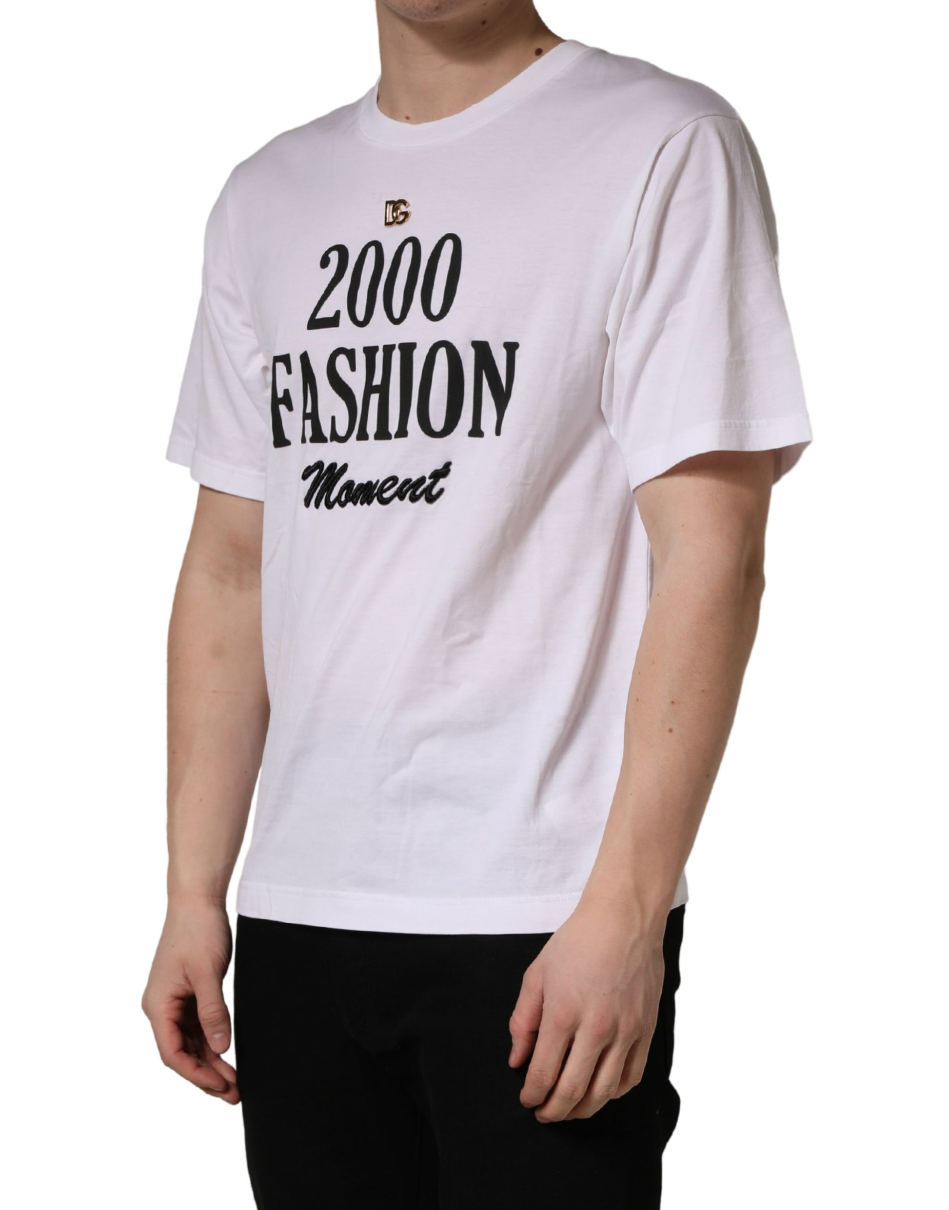 White t-shirt with black lettering